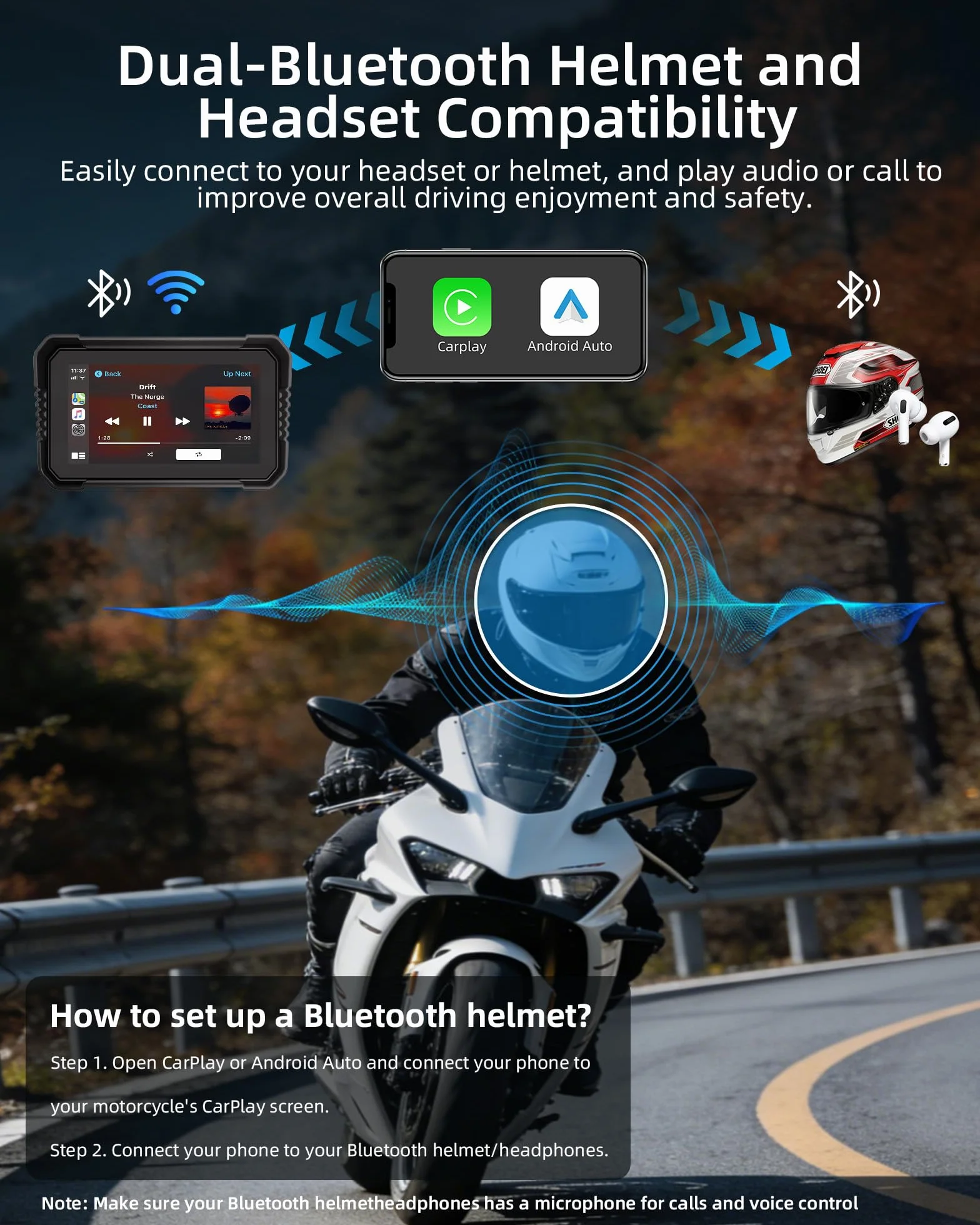 Kamera samochodowa 4K CarPlay z systemem Android, 6,25", nawigacja motocyklowa, wodoszczelność IP67, nawigacja GPS, do motocykli, Dual Bluetooth, Siri/G-Oogle Assistant, karta 64 GB