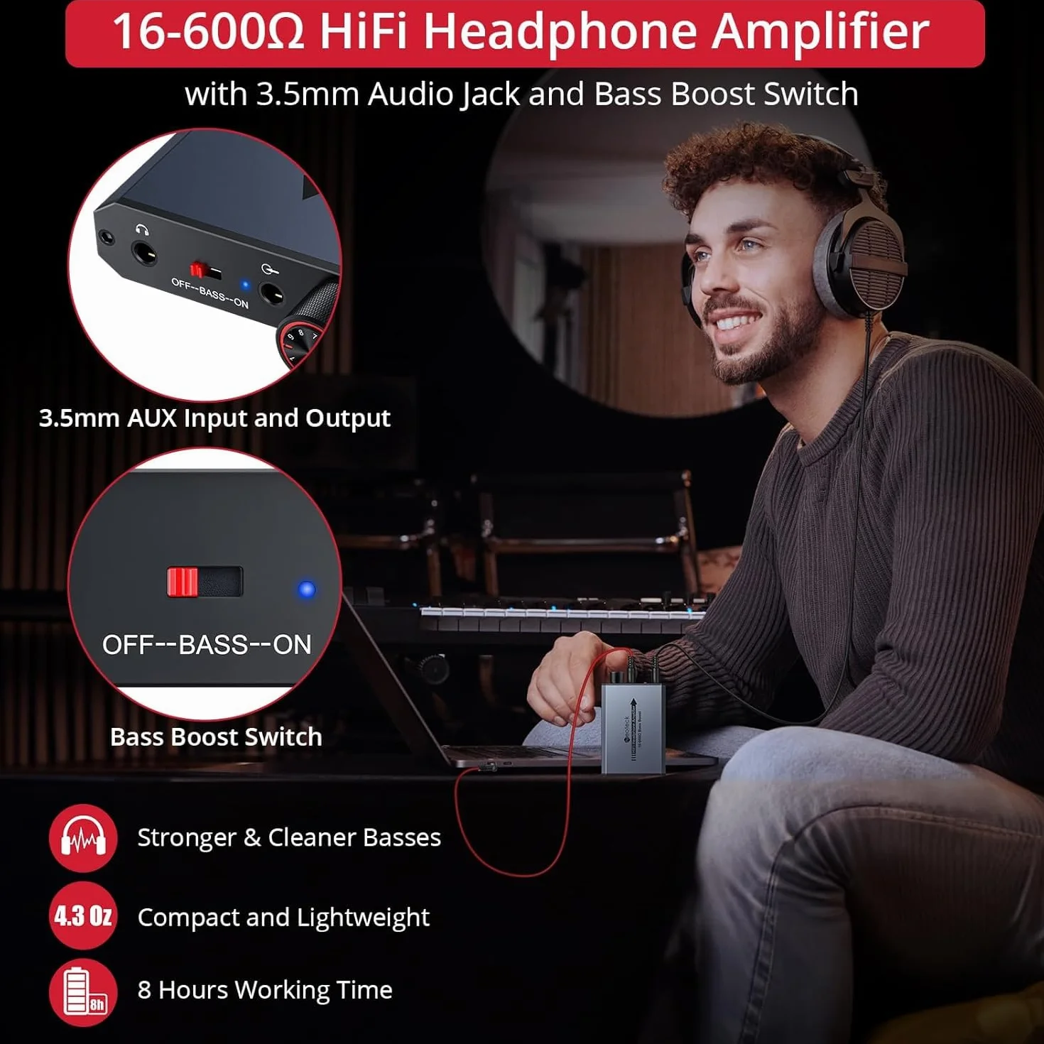 Neoteck wzmacniacz do słuchawek 3,5 mm 16-600Ω przenośny audio do telefonów MP3 MP4 komputer PS4 PS5