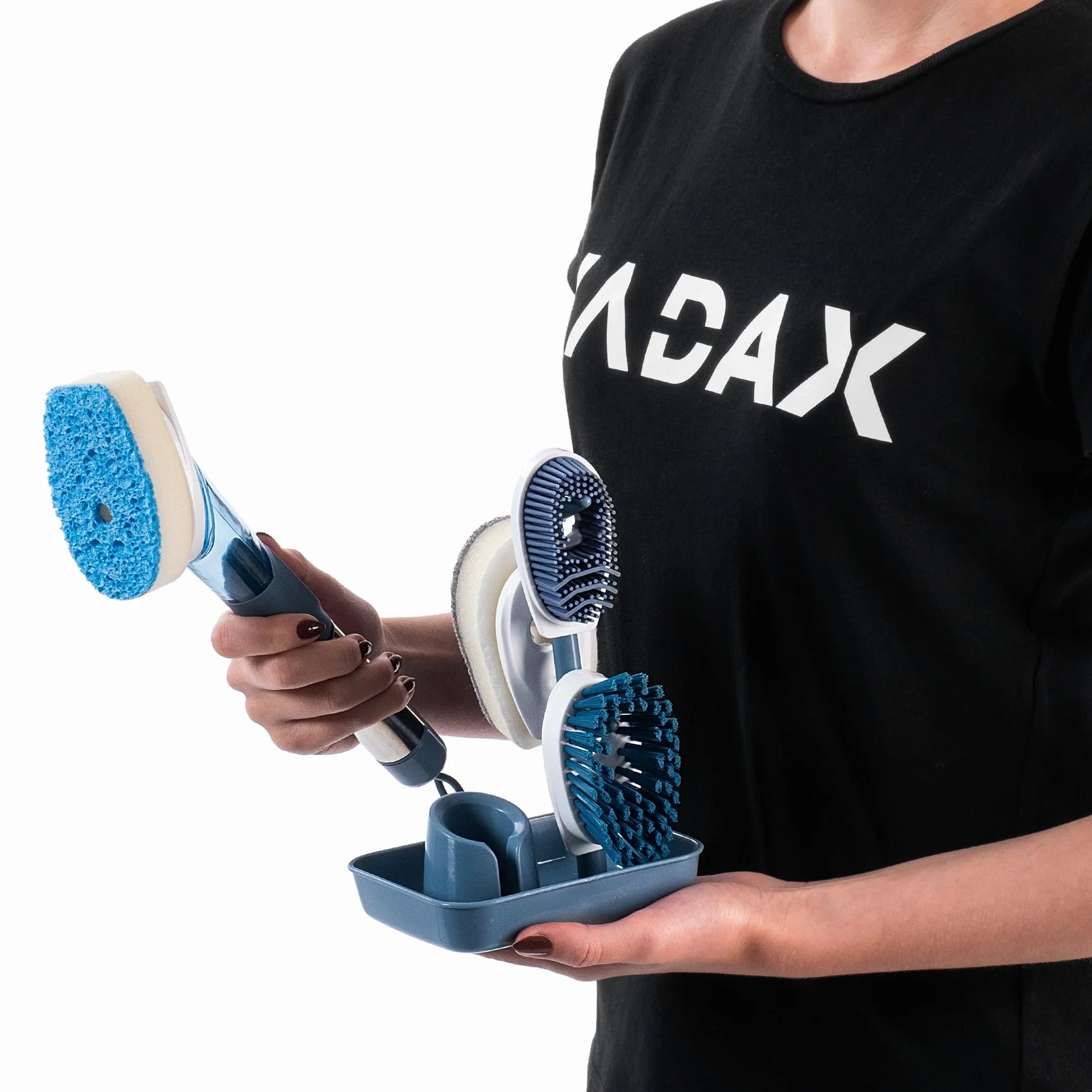 KADAX Szczotka do naczyń ze zbiornikiem na płyn niebieska 4 wymienne końcówki, szczelny zbiornik i ergonomiczny uchwyt, szybkie usuwanie tłuszczu z talerzy, garnków i patelni