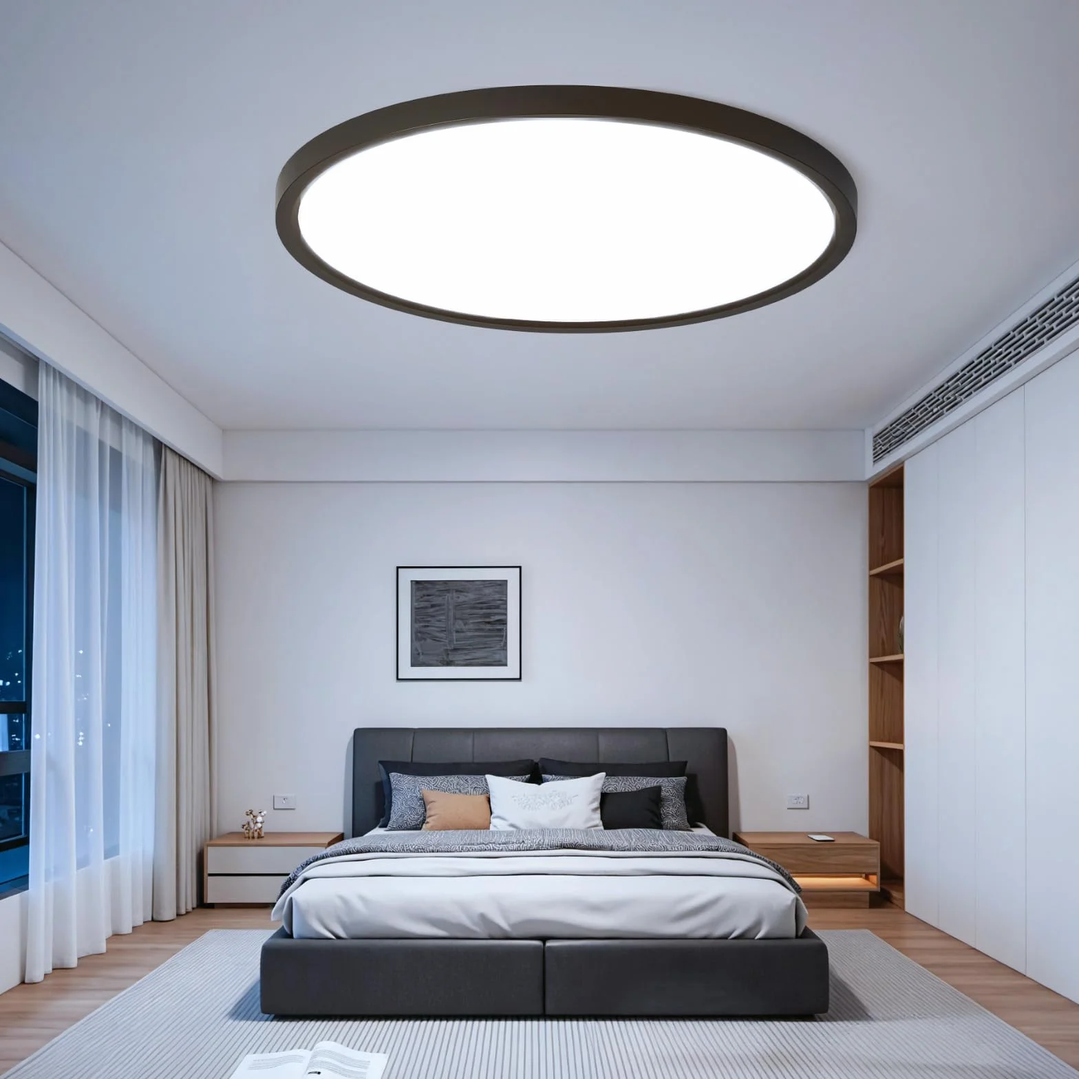 Okrągła lampa sufitowa LED 52 W, 5200 lm, ultra płaska czerń, wodoodporna IP44, zimna biel 6500 K, nowoczesna lampa do salonu, sypialni, kuchni, biura