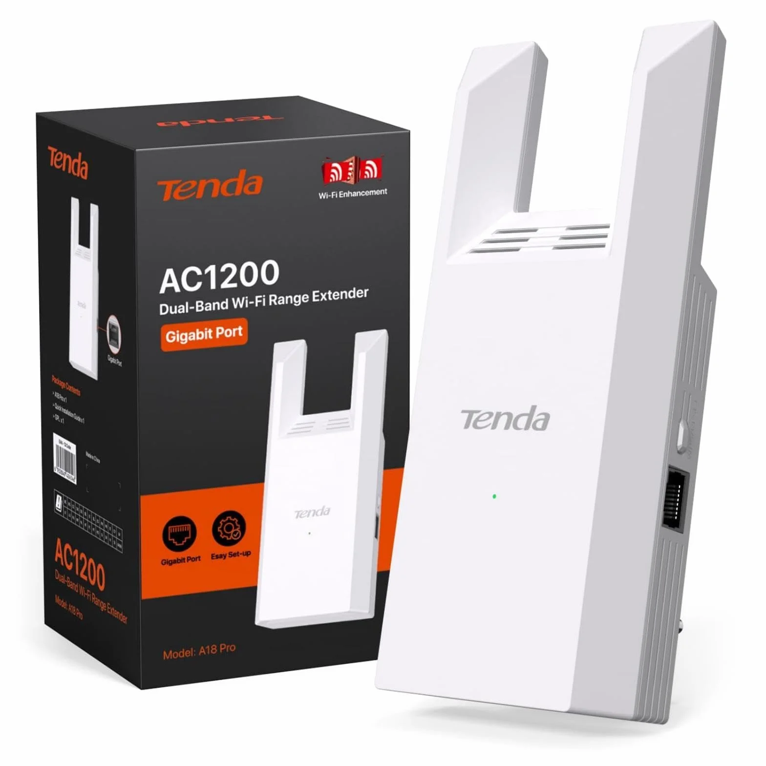 Tenda A18 Pro AC1200 Mb/s dwuzakresowy wzmacniacz Wi-Fi, funkcja wzmacniacza i punkt dostępowy 5 GHz/2,4 GHz z portem Gigabit LAN, inteligentny sygnał LED, przycisk WPS, bezpieczeństwo WPA2