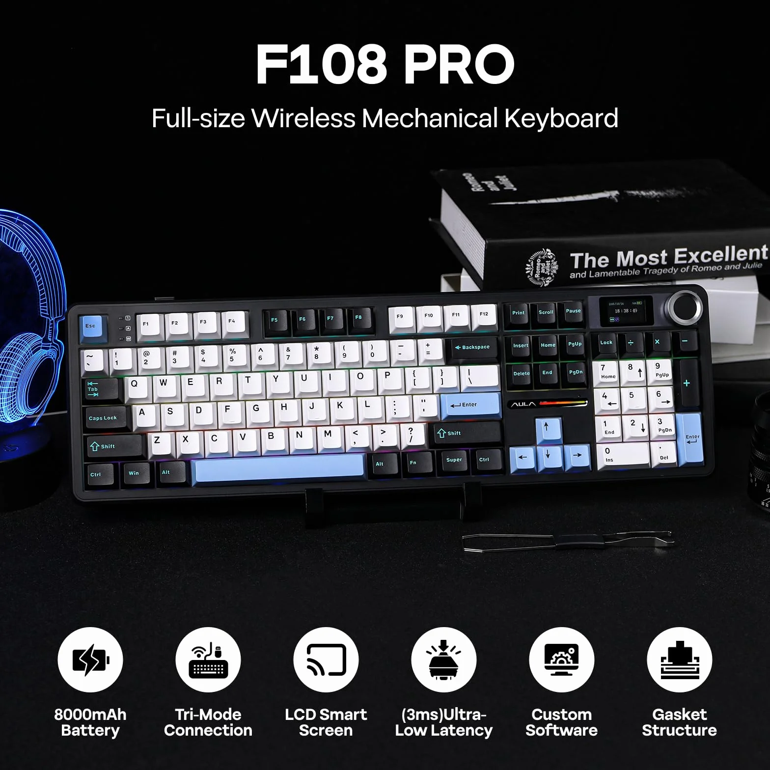 EPOMAKER X Aula F108 PRO klawiatura gamingowa bezprzewodowa 8000 mAh 104 Hot Swap RGB QWERTY niebieska