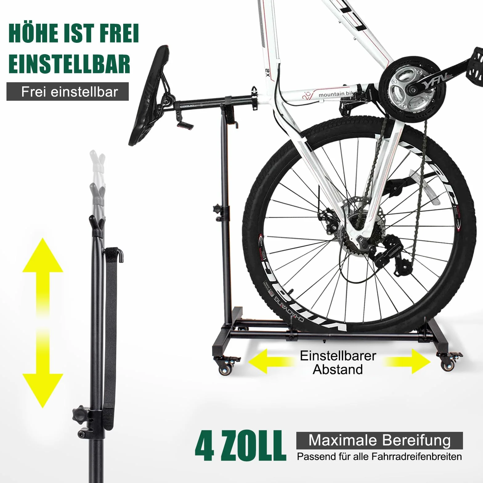 Pionowy stojak rowerowy z zamykanymi kółkami, regulowana wysokość, szerokość opony do 10 cm
