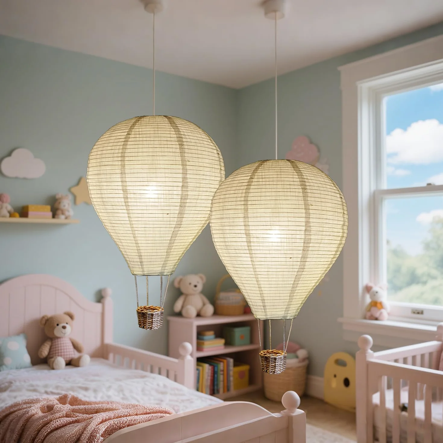 METHEDEECO Zestaw 2 kloszy wiszących balonów na gorące powietrze, 35 cm, białe lampy papierowe, lampy wiszące, pomysł na prezent do pokoju dziecięcego i młodzieżowego, dekoracja dla chłopców i