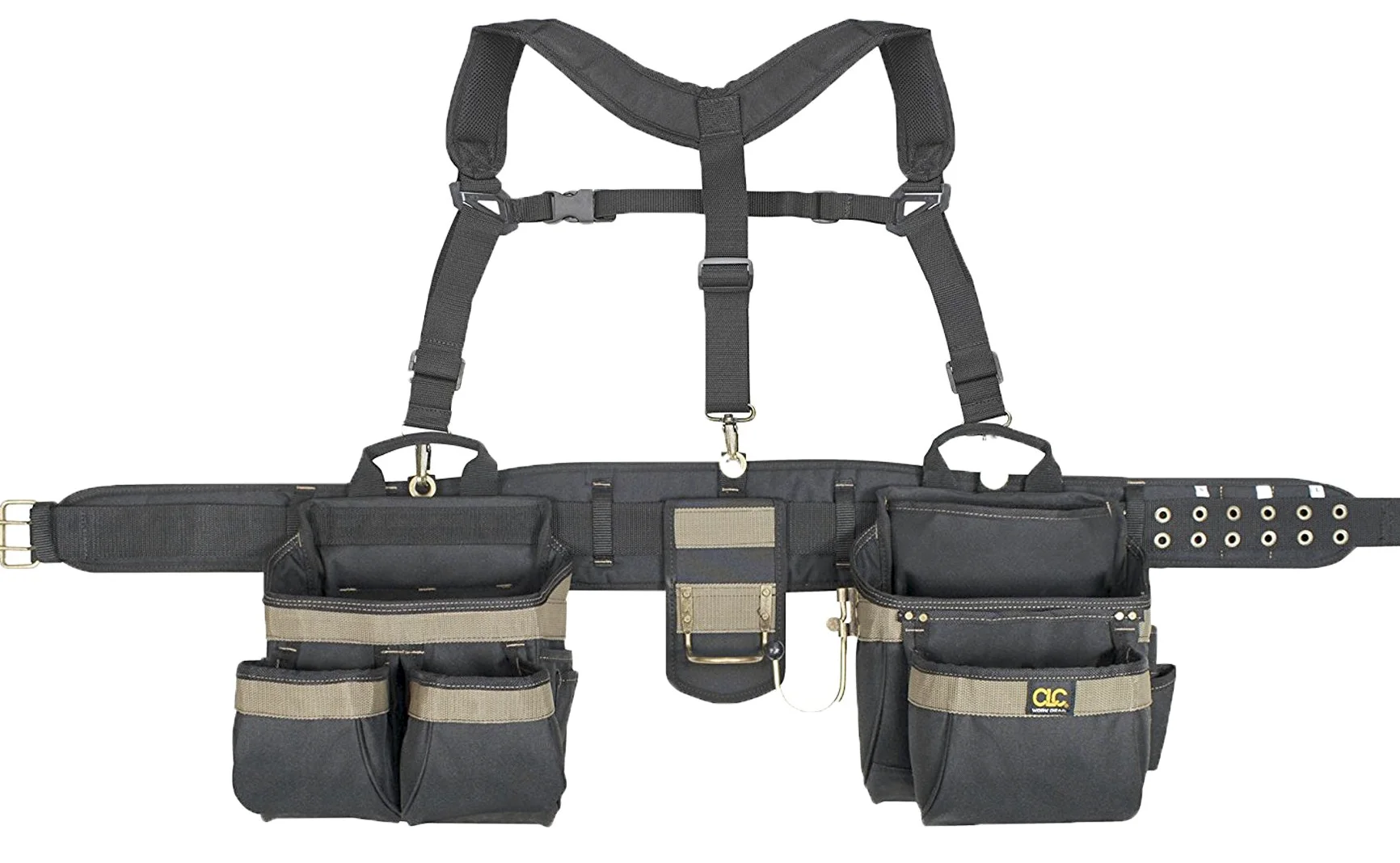 Custom Leathercraft 6714 Ciężki pas narzędziowy dla cieśli, zestaw 5-elementowy Comfort-Lift, fartuch z 31 kieszeniami, czarny