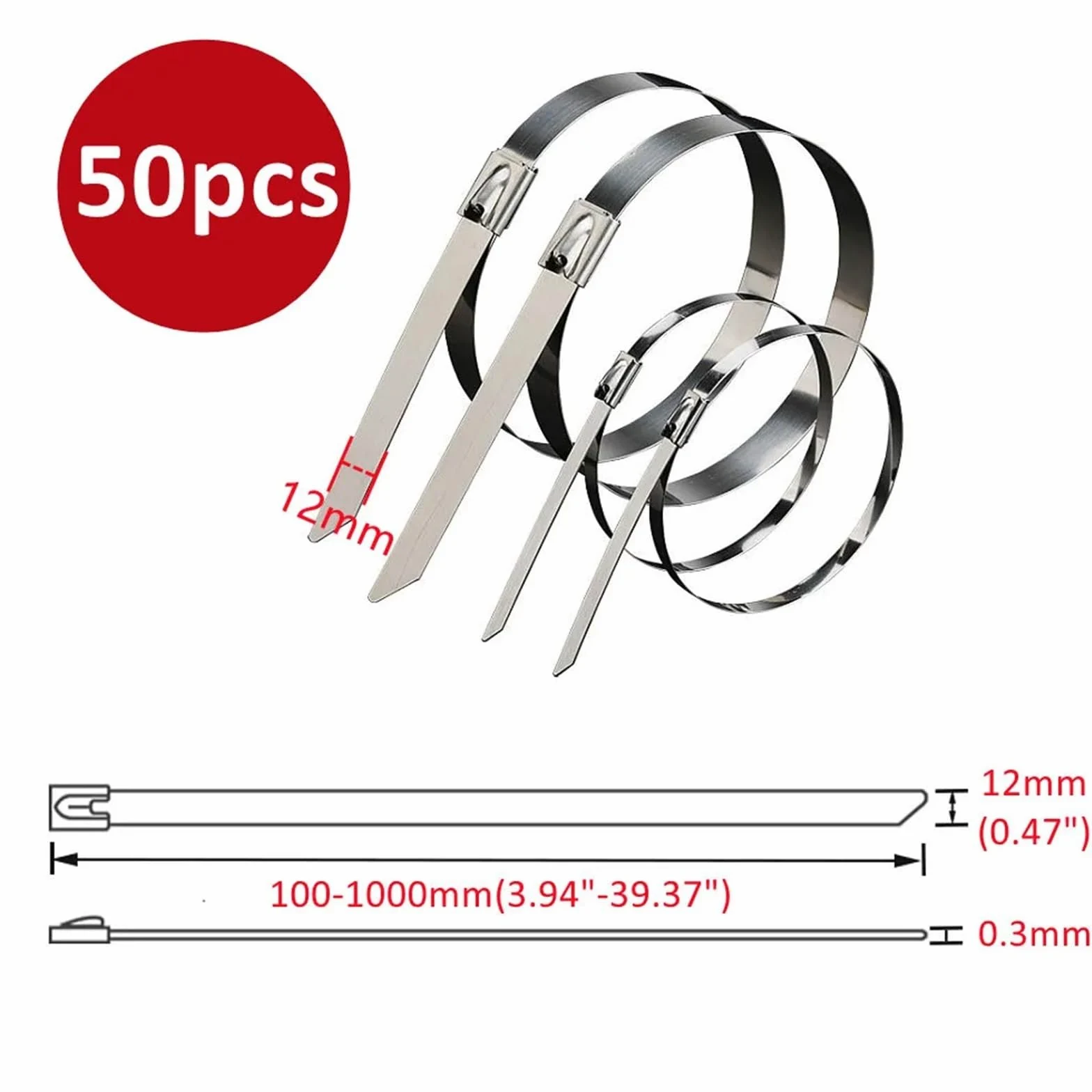 Metalowe opaski zaciskowe Opaski zaciskowe wykrywalne ze stali nierdzewnej 304, opakowanie 10-200 szt., 12 x 100-1000 mm(50pcs,12x1000mm)