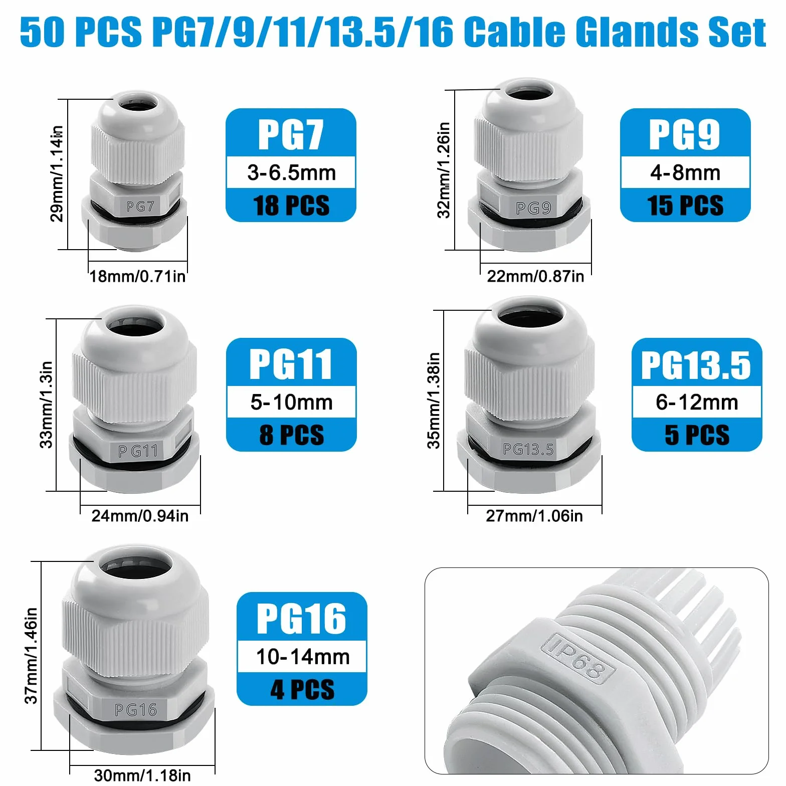 50 Sztuk PG7 PG9 PG11 PG13.5 PG16 Zestaw Dławików Kablowych, Nylonowy Wodoodporny Dławik Kablowy IP68 do Kabli 3-14 mm, Biały