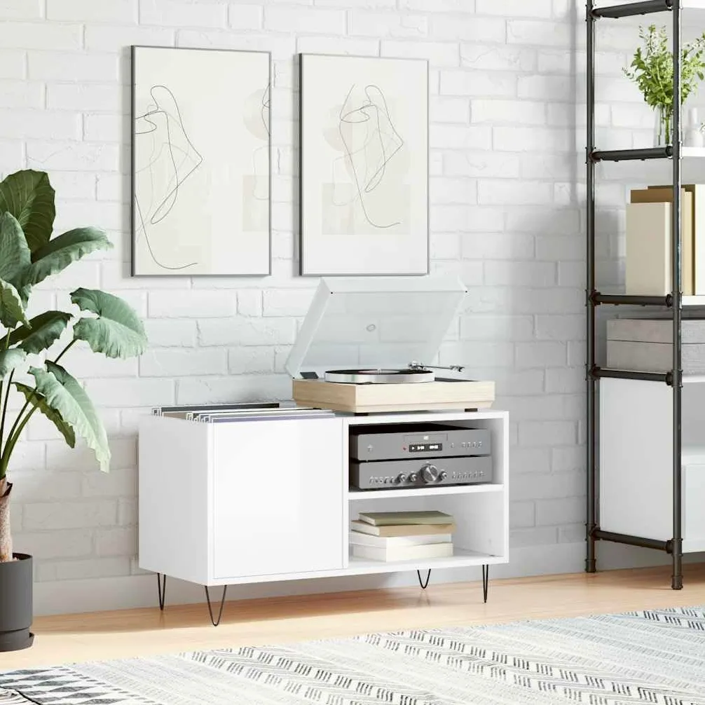 Fengshui Szafka panelowa wysoki połysk biała 85 x 38 x 48 cm materiał drewnopochodny | Stabilna górna płyta do gramofonu, żelazne nogi, styl industrialny, dużo miejsca do przechowywania kolekcji LP