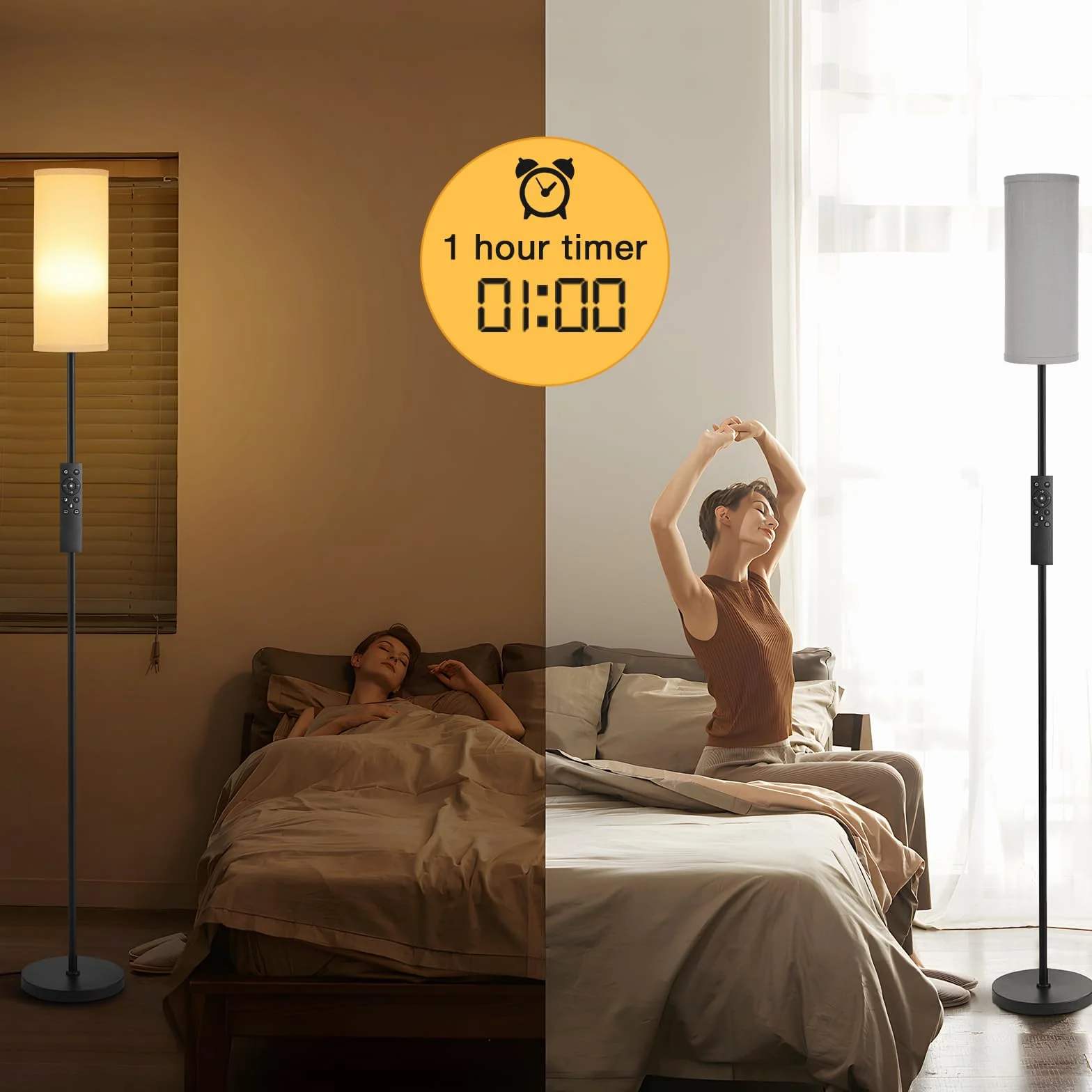 Lampy podłogowe do salonu, 64-calowa nowoczesna lampa podłogowa z pilotem i płynną regulacją temperatury i jasności kolorów, lampy stojące do salonu, sypialni, biura (żarówka 9 W w zestawie)
