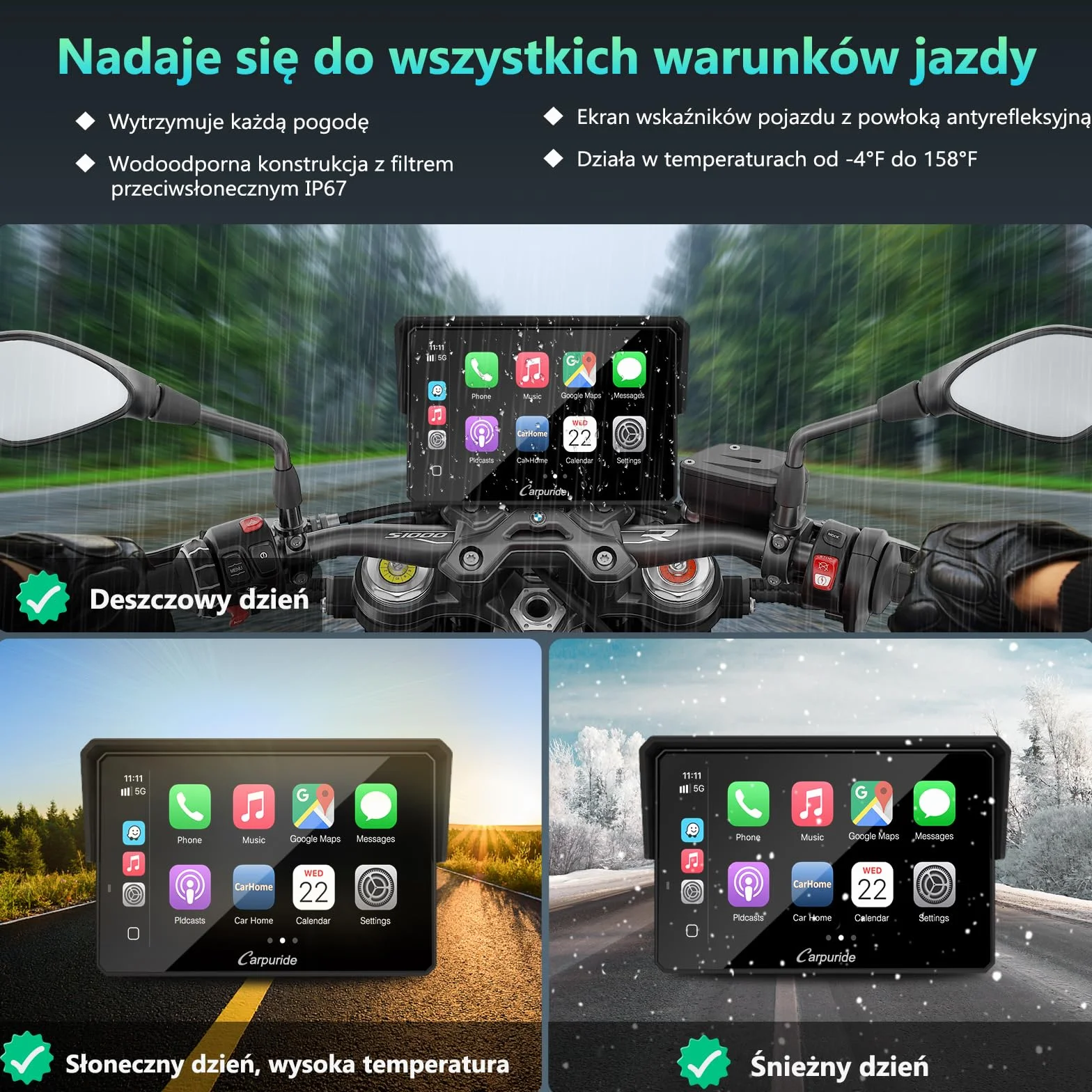 CARPURIDE W502BS PRO do motocykli BMW, CarPlay i Android Auto, podwójny Bluetooth, 5-calowy wodoodporny ekran nawigacji GPS, odczyt danych, Native Wonder, TPMS, czujnik światła, udostępnianie muzyki,