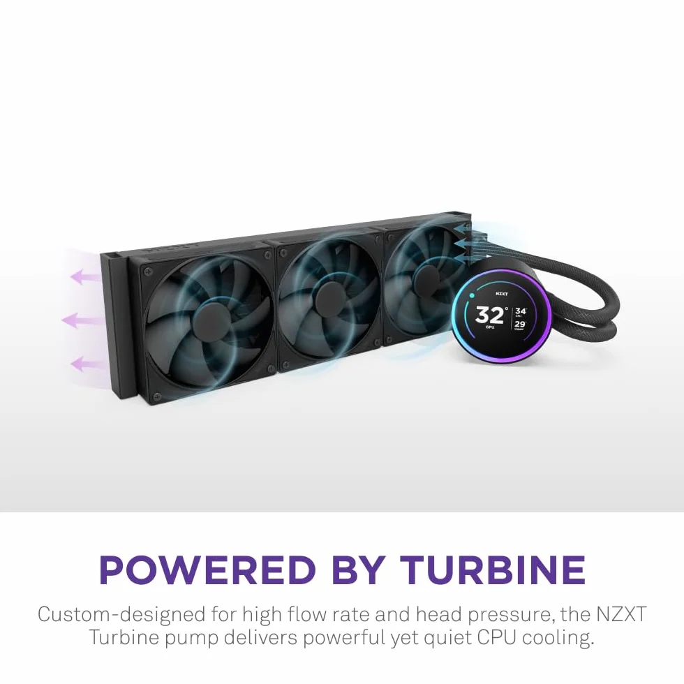 NZXT Kraken Elite 360 - AIO CPU Liquid Cooler - Chłodnica 360mm - 3 x Wentylatory F120P - Konfigurowalny 2.72” IPS LCD - NZXT Turbine Pump - Intel LGA 1700, 1200/115X, 1851 - AMD AM5, AM4 - Czarny