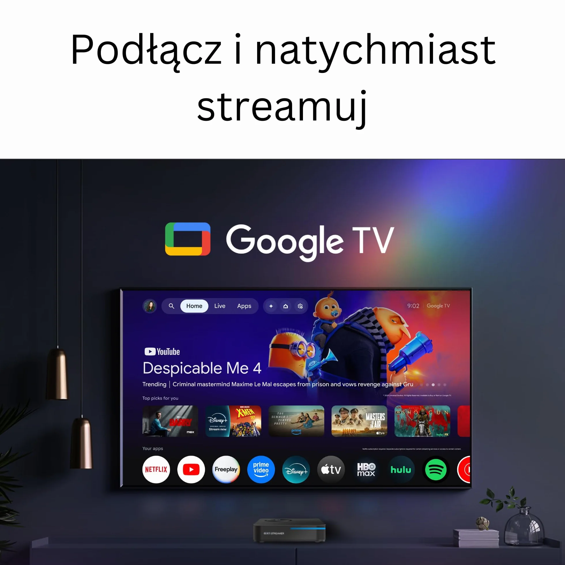 GX1 4K Streaming Box - Google TV 14 [4GB RAM, 32GB ROM] Odtwarzacz Multimedialny Smart TV, Obsługuje Netflix i Prime w 4K, AI-Upscaling, HDR10+, WiFi 6, LAN