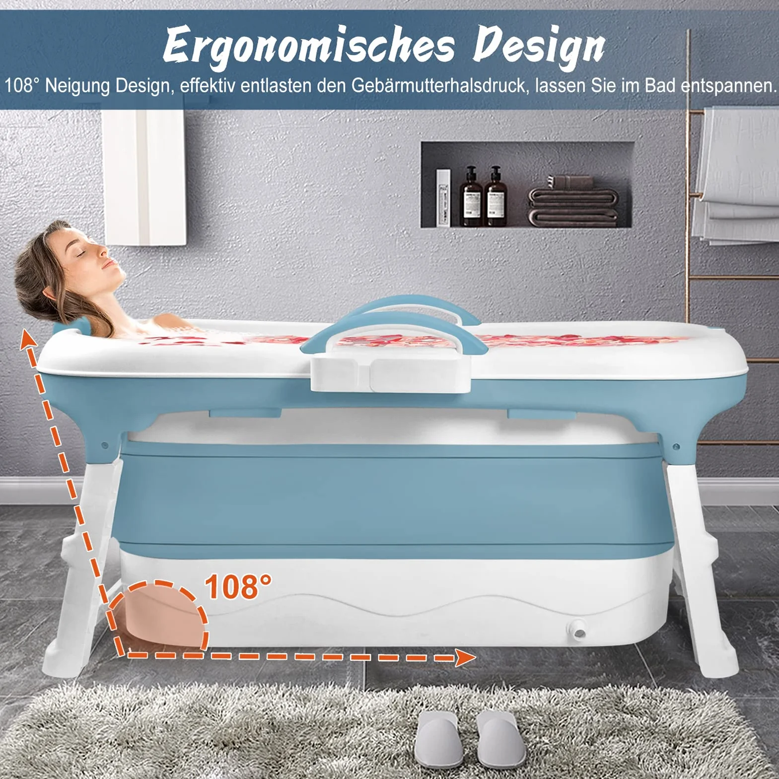 LZQ Składana wanna dla dorosłych, mobilna wanna ze zdejmowaną pokrywą, podłokietnik, kosz na mydło PP + TPE, składana wanna do łazienki, SPA, 118 x 62 x 53 cm, niebieska