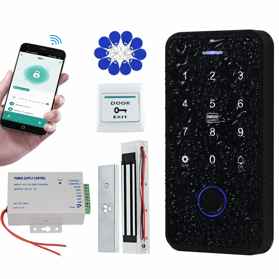 Zestaw kontroli dostępu Bluetooth Tuya wodoodporna biometryczna klawiatura RFID 180 kg / 350 funtów Elektryczna blokada magnetyczna + 10 sztuk brelok do kluczy 13,56 mm