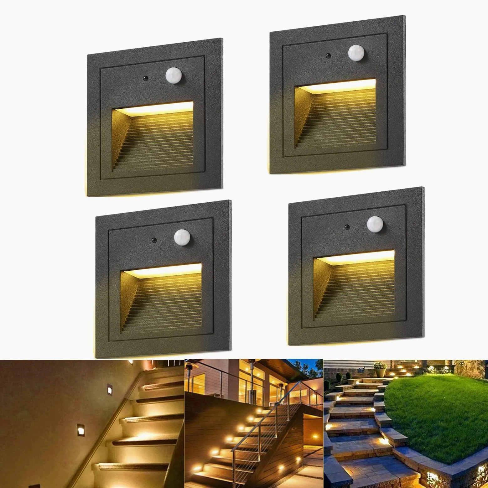 Oświetlenie schodów LED, 4 sztuki, do wbudowania w ścianę, aluminium, 3 W, 230 V, ciepła biel, oświetlenie schodów, oświetlenie zewnętrzne z czujnikiem ruchu, lampa ścienna, oświetlenie