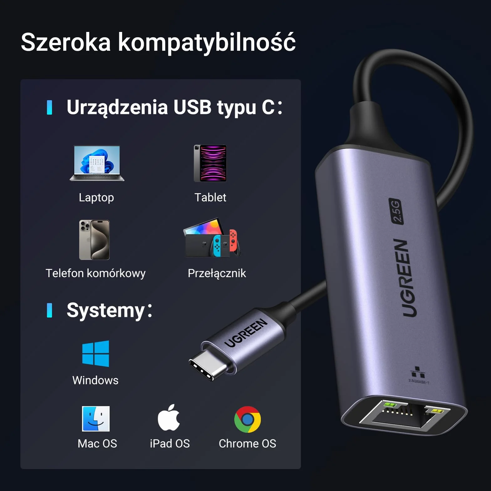 UGREEN USB C 2.5G LAN Adapter Ethernet Adapter RJ45 2500Mbps Adapter sieciowy kompatybilny z iPhone serii 15,iPad Pro/Air,Macbook Pro/Air,laptopem,komputerem PC z systemem Windows 11/10/8,macOS itp.