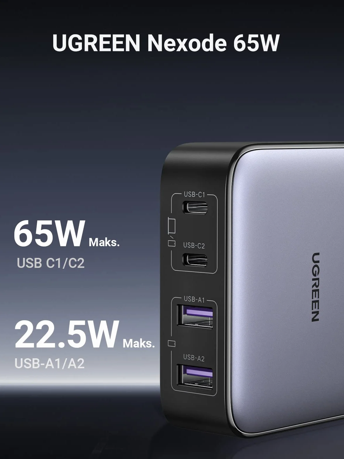 UGREEN Nexode 65W Ładowarka USB C GaN II Tech 4 porty kompatybilna MacBook Pro Air iPad iPhone Galaxy S24