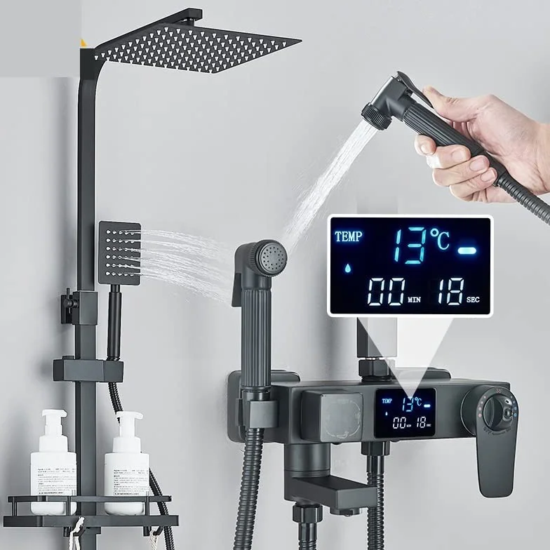 Czarny cyfrowy wyświetlacz termostatyczne baterie prysznicowe opady deszczu prysznic termostatyczny 4-kierunkowy mikser półka towarowa bateria do bidetu prysznic(Black TH 12inch)