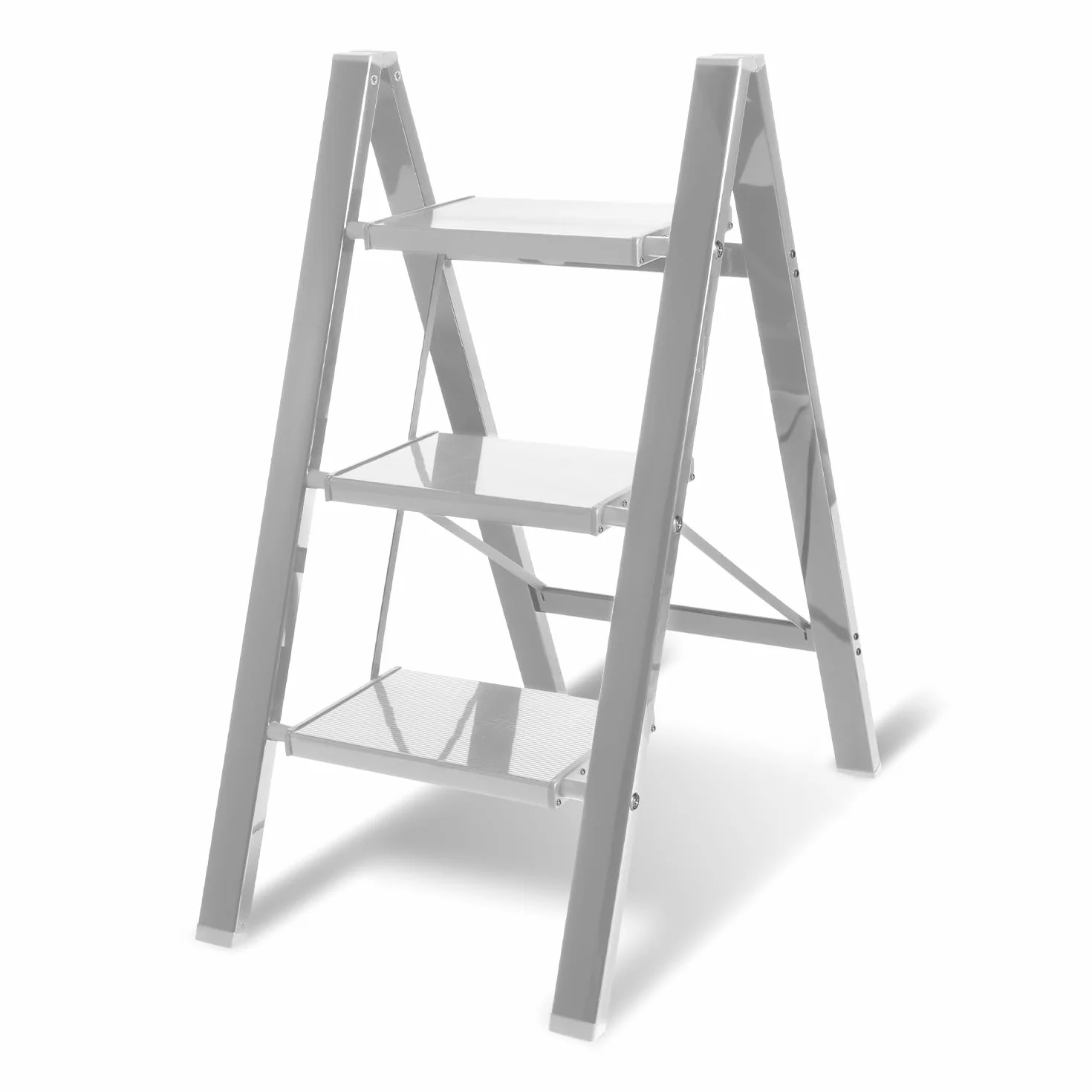 Peviasot drabina domowa, 3-stopniowa składana, drabina stojąca, aluminiowa drabina, antypoślizgowa drabina z zabezpieczeniem przed składaniem, składana drabina, obciążenie do 150 kg, srebrna