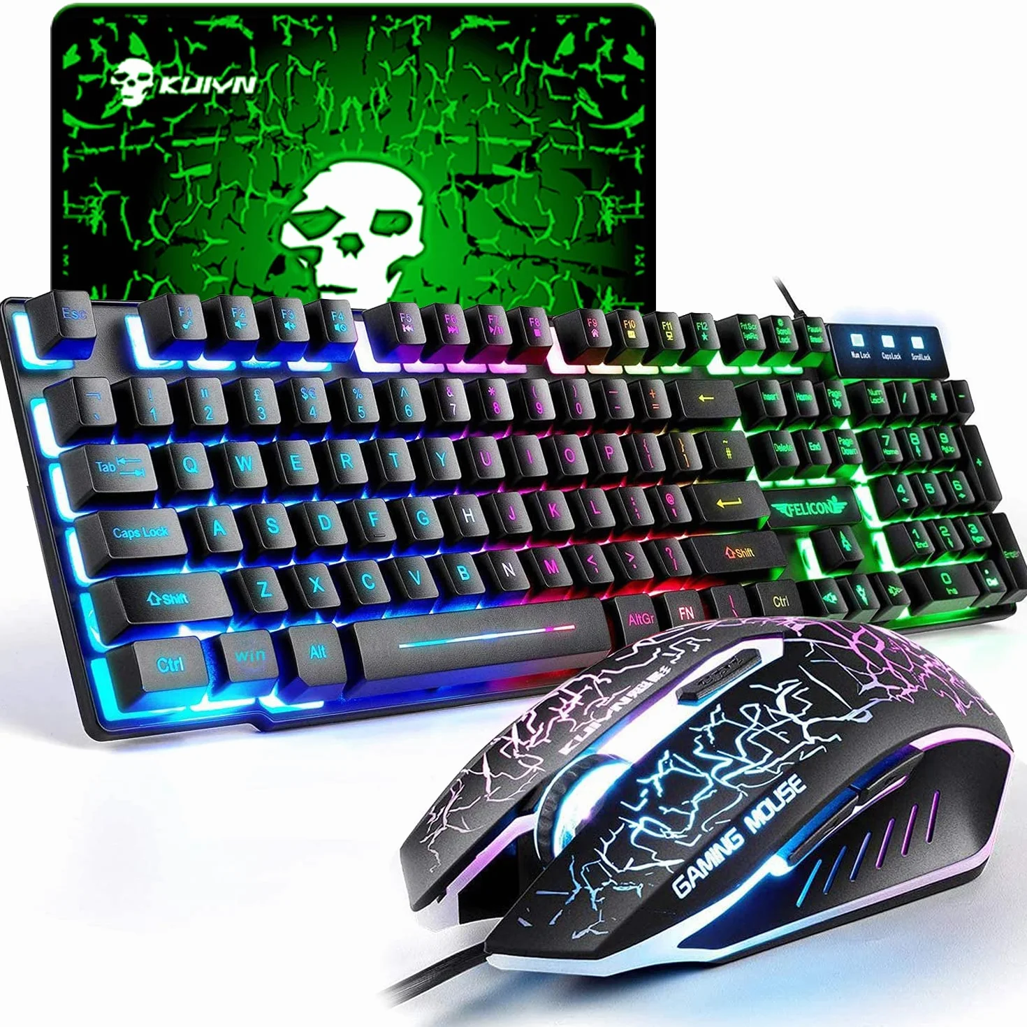 Zestaw klawiatury i myszy do gier UK Układ Ergonomiczna klawiatura do gier Rainbow podświetlana + 2400DPI 6 przycisków optycznych USB Rainbow LED Gaming Mouse + DARMOWA podkładka pod mysz