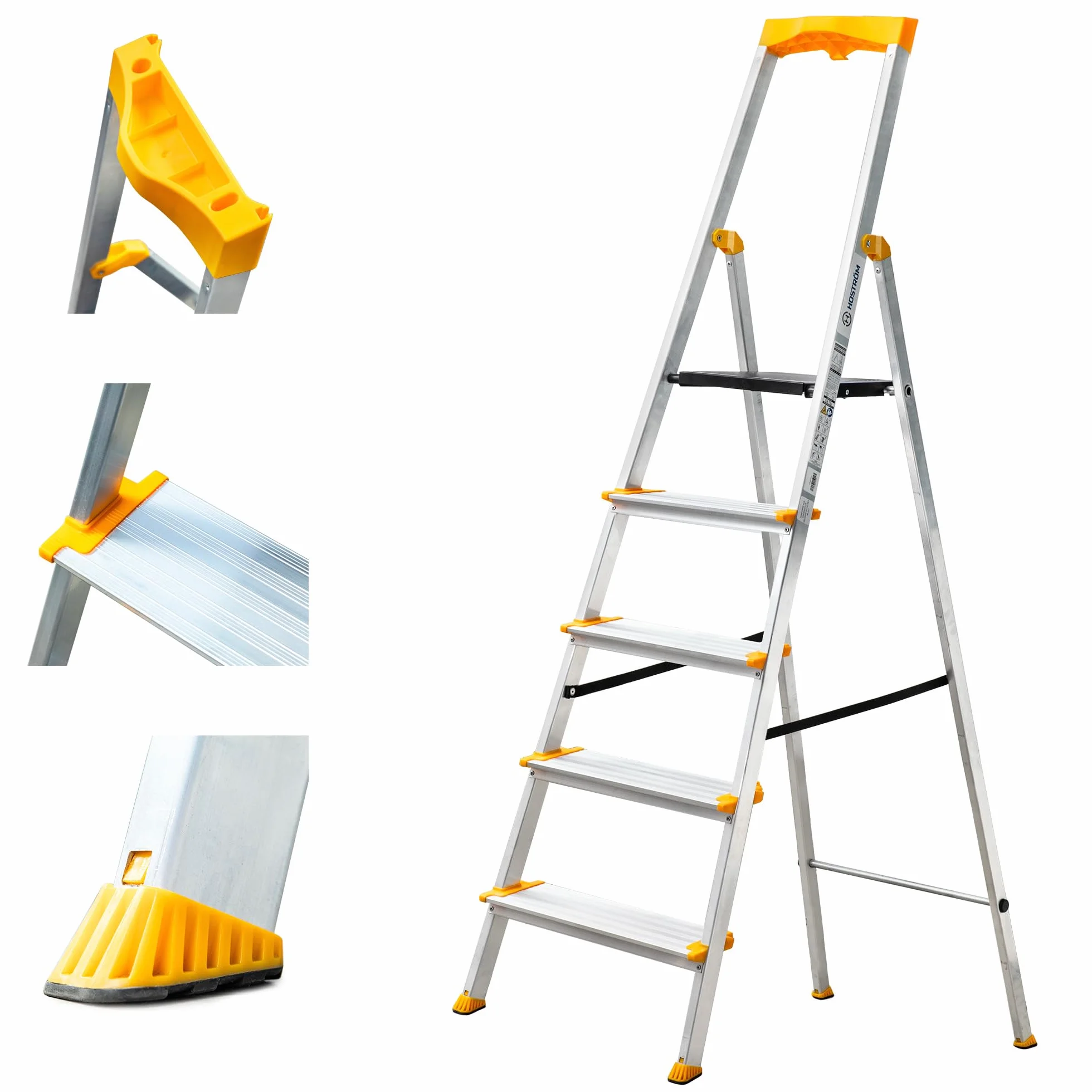 HOSTROM aluminiowa drabina 5 stopni, składany stopień, uchwyt na narzędzia, bardzo szerokie stopnie 12 cm, do użytku domowego i profesjonalnego, 5 lat