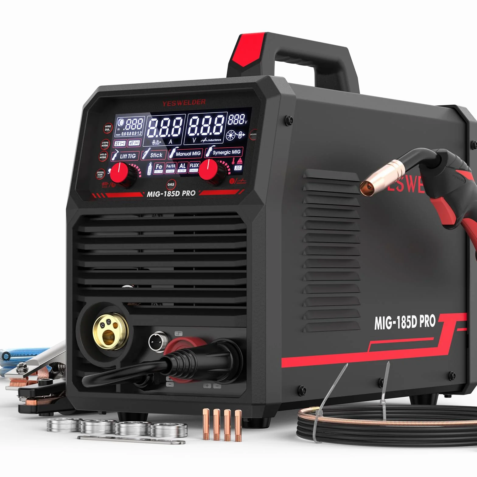 YESWELDER 185A Spawarka MIG MAG, Flux Core MIG/MIG Gazowy/Pistolet spawalniczy MIG/Lift TIG/Stick 6 w 1 Wieloprocesowa Spawarka do Aluminium, Cyfrowy Wyświetlacz LED Synergiczne Sterowanie 230V