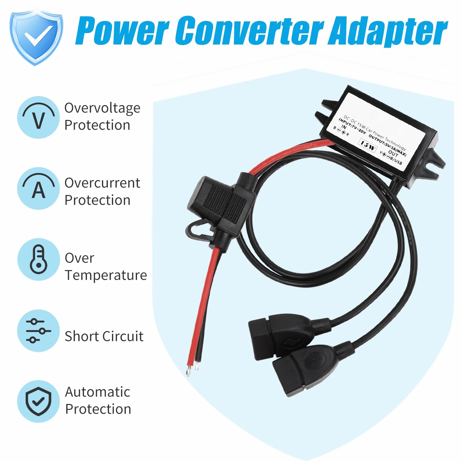 Adapter USB 12V na USB,12V na 5V moduł konwertera DC Buck 3A 15W DC na DC adapter samochodowy z bezpiecznikiem (DualUSB)