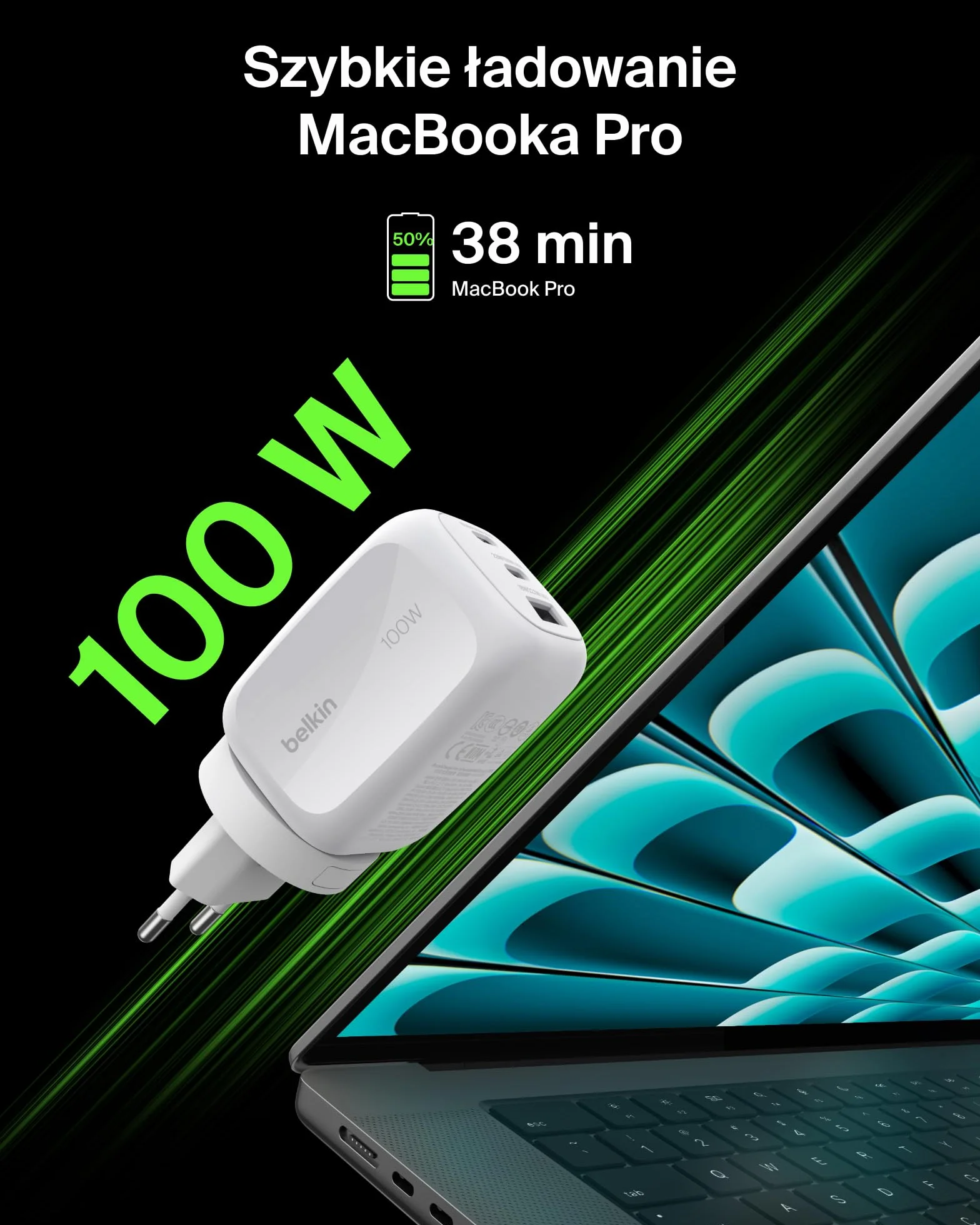 Belkin 3-Portowa ładowarka, ładowarka GaN z 2 portami USB-C i 1 portem A, Końcówki wtyczek UE/UK/US, do urządzeń MacBook, iPhone, iPad Pro, Samsung Galaxy, Google Pixel – Biała