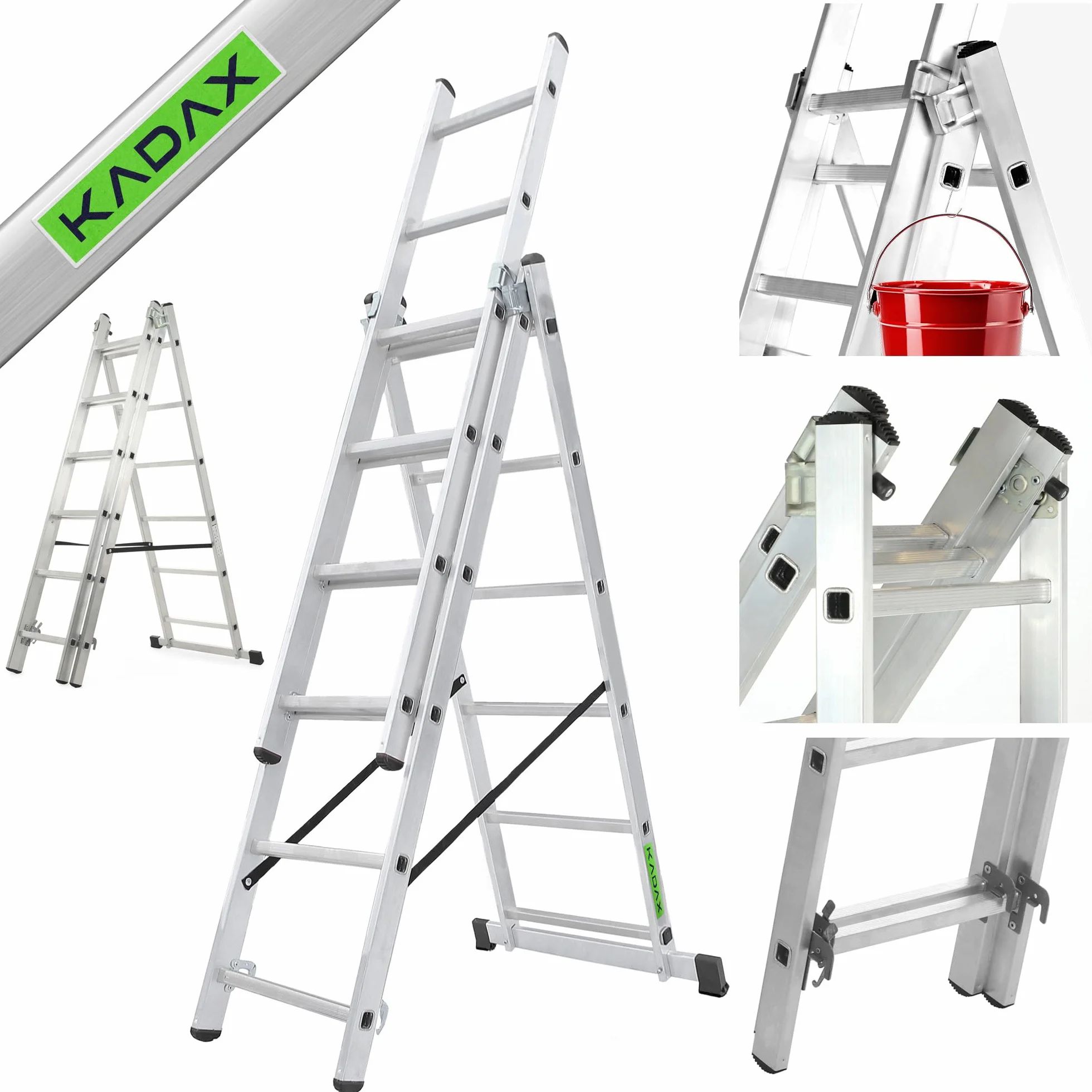 KADAX Drabina aluminiowa wielofunkcyjna, przystawna 6 - stopniowa, udźwig do 150 kg, z hakami, rozsuwana, antypoślizgowe stopnie, do domu i warsztatu