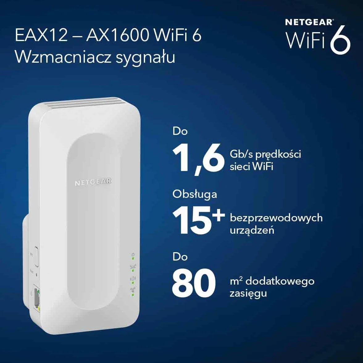 NETGEAR, wzmacniacz sygnału sieci WiFi 6 (EAX12) — dodaj do 80 m2 i 15 urządzeń; dwupasmowy wzmacniacz sygnału bezprzewodowego AX1600 (do 1,6 Gb/s), zabezpieczenie WPA3, inteligentny roaming