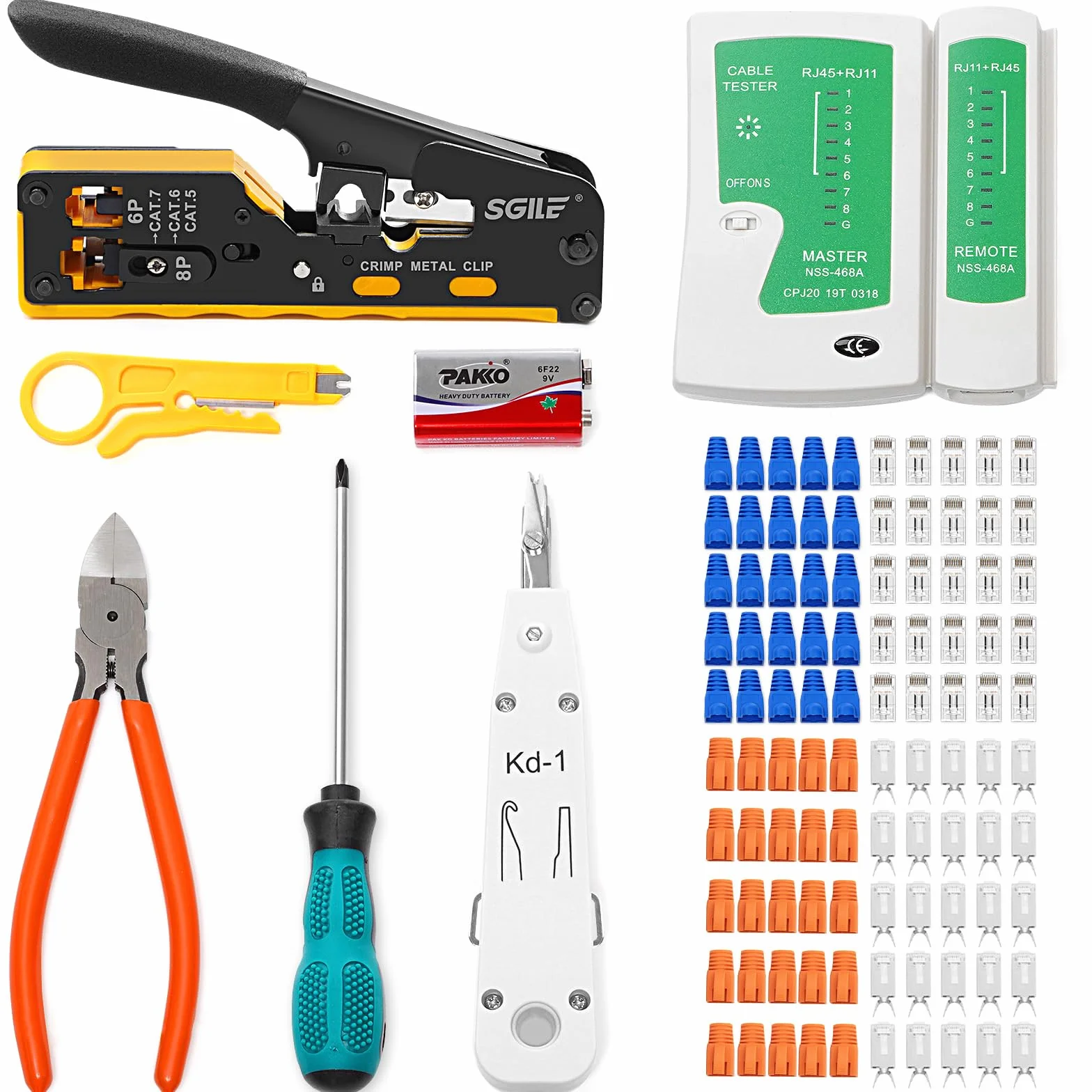 SGILE Zestaw narzędzi zaciskowych RJ45, zestaw narzędzi do Cat5 Cat6 Cat7, narzędzie do ściągania izolacji i cięcia typu pass-through, zestawy konserwacyjne kabli Ethernet, tester kabli, Cat5/6/7, 25