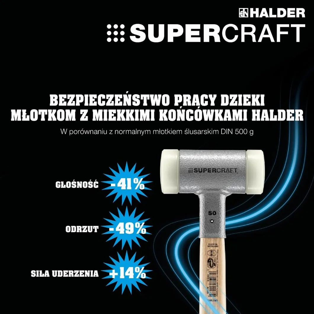Supercraft młotek ochronny, z odpornym na pęknięcia trzonkiem z rur stalowych i ergonomicznie ukształtowanym, antypoślizgowym uchwytem | śr. = 50 mm | 3377.050