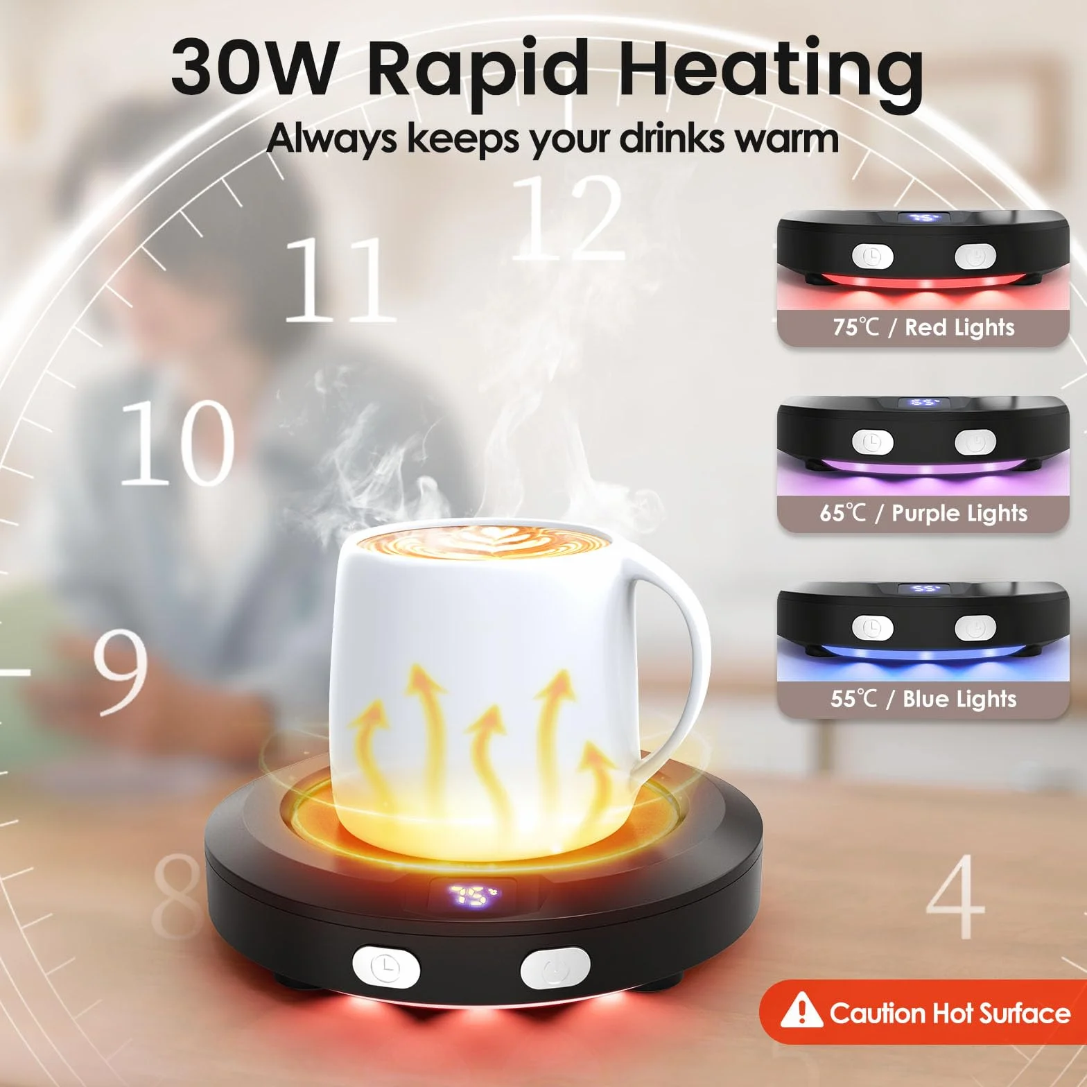 Mini podgrzewacz do kawy, zmodernizowany podgrzewacz do filiżanek, elektryczny podgrzewacz do kawy, 3 ustawienia temperatury, na biurko, podgrzewacz do filiżanek, z automatycznym wyłącznikiem 2-12 h