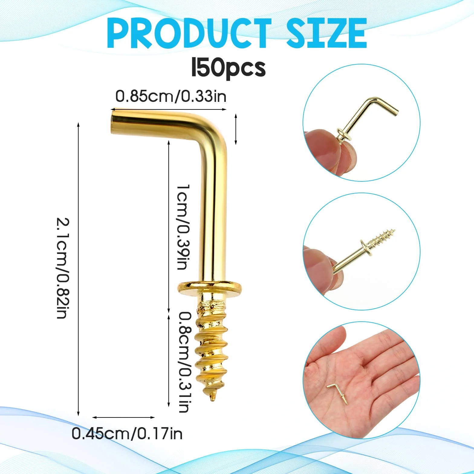 Jeffdad 150 szt. wiszących małych haczyków na śruby, 1,2 cm w kształcie litery L, miedziany, do biżuterii, rękodzieła, czapek, roślin, świateł, wieńców (złoty)
