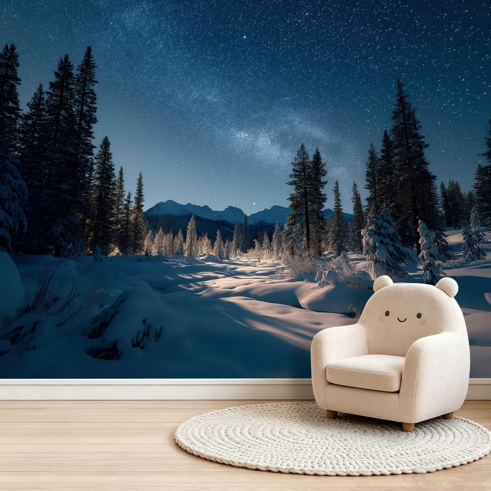 Natura noc 300 x 210 cm XXL fresk ścienny do dużego salonu i przestrzeni handlowej, tapeta z włókniny droga mleczna ośnieżone góry drzewa panoramiczna ściana akcentująca, nowoczesny design
