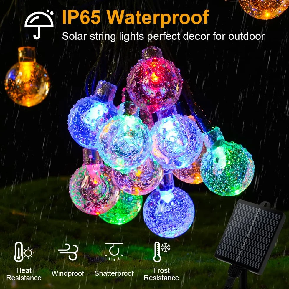 AUAUY Solarny łańcuch świetlny na zewnątrz, odporny na warunki atmosferyczne, 7 m, 50 diod LED, 8 trybów pracy, IP65, solarny łańcuch świetlny, kryształowe kule, oświetlenie zewnętrzne/wewnętrzne na