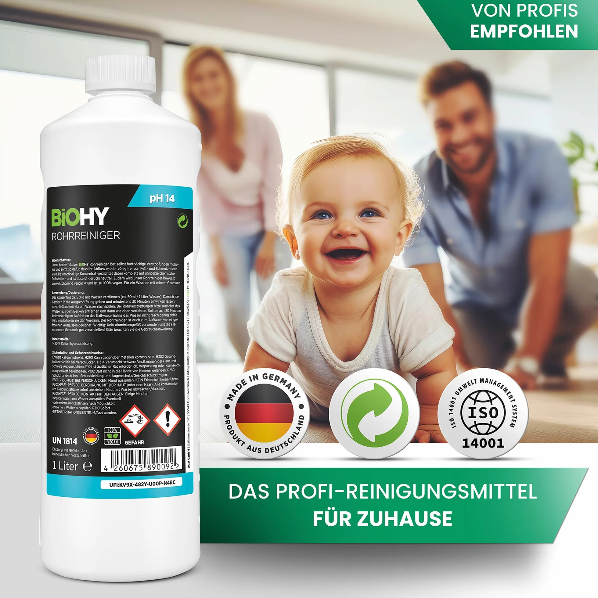 BiOHY Czyścik do rur (butelka 1l) | BARDZO MOCNY | Płynny, silnie skoncentrowany środek do czyszczenia odpływów | Bezwonny | Do wszystkich zatorów (Rohrreiniger)