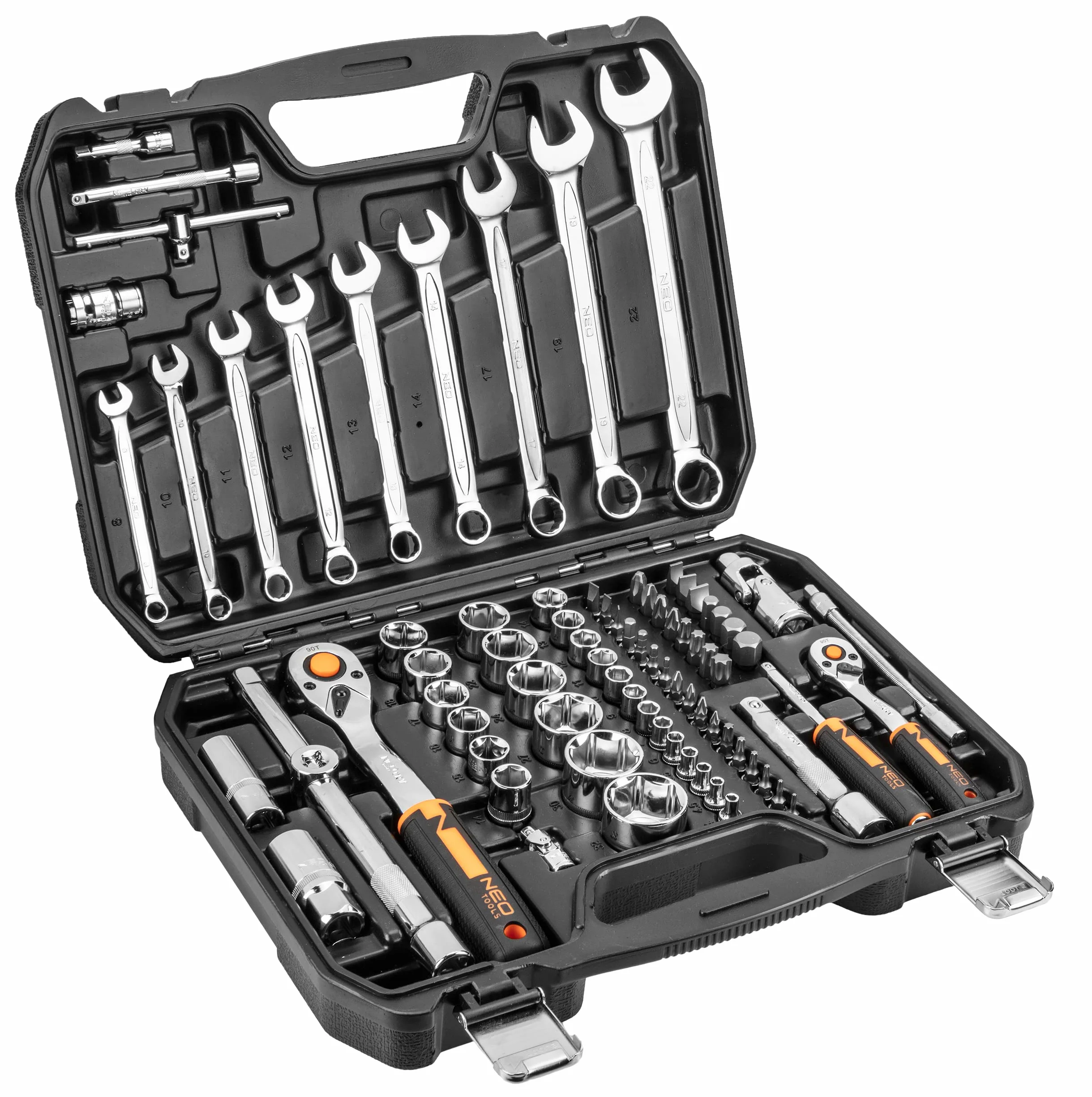 NEO TOOLS Klucze nasadowe 1/2", 1/4" i akcesoria, 82-częściowy zestaw; do wkręcania i odkręcania; bity krzyżowe, sześciokątne; walizka do przechowywania; TÜV; stal CrV