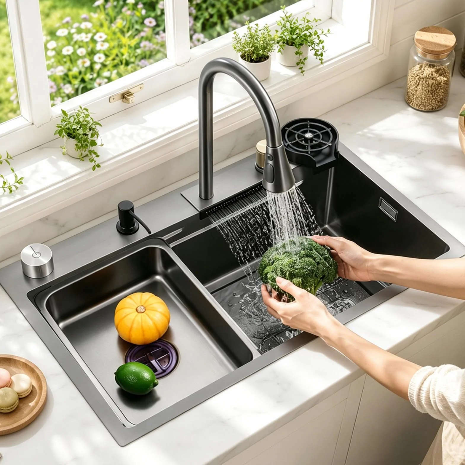 Waterfall Kitchen Sink Stainless Steel Top Mount Sink Black Nano Single Bowl Sink Multifunctional Workstation Sink With Pull-out Faucet, Glass Cup Washer, Drain Basin, Drainage Assembly(80x45x22cm)