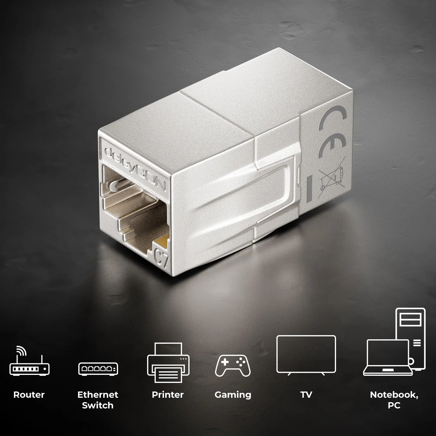 deleyCON 2 Szt. RJ45 Złącze CAT 7 Adapter Ethernet Metalowy 10Gbps 600MHz Srebrny