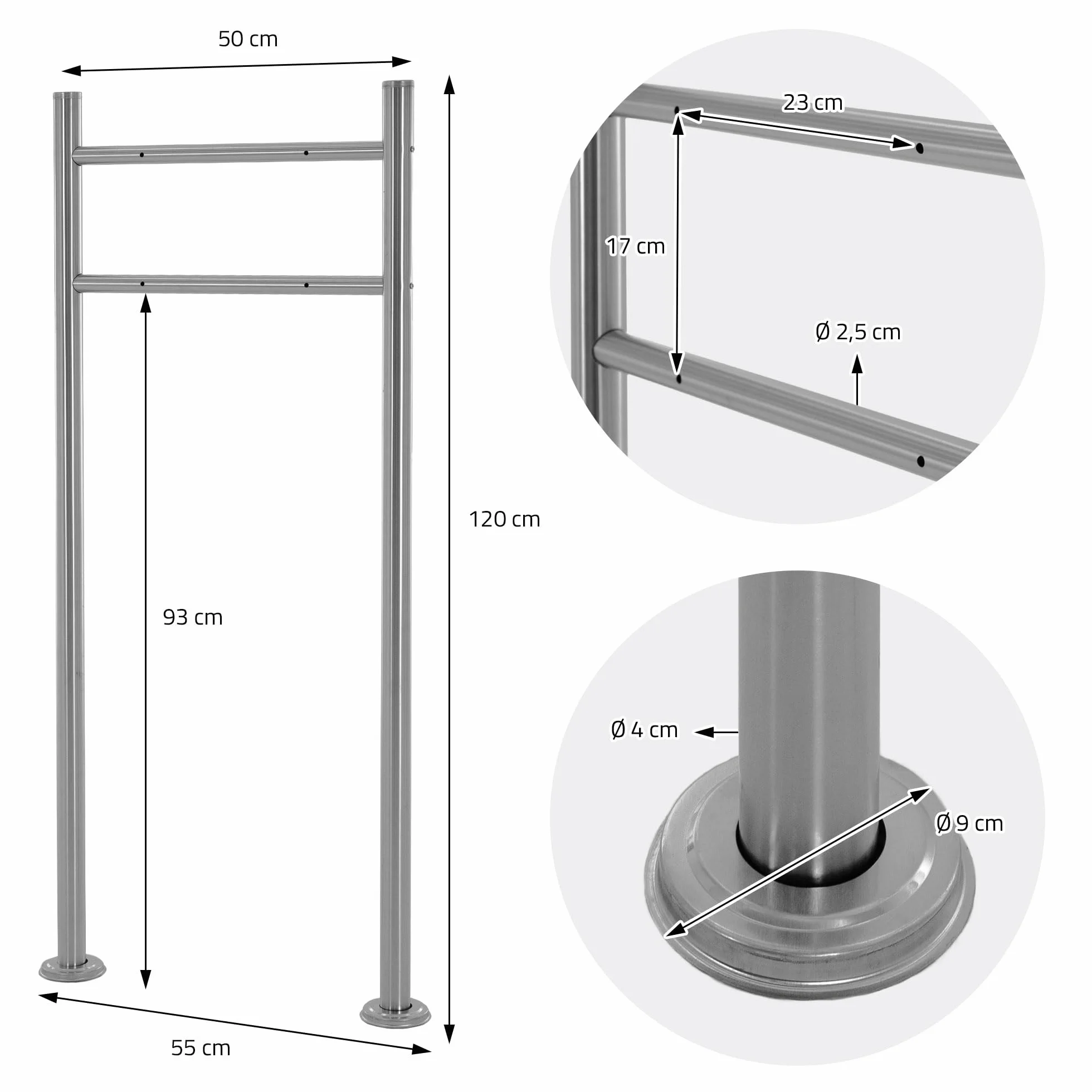 ML-Design Stojakna skrzynke na listy ze stali nierdzewnej srebrny metalik 120 cm, okragly, wolnostojacy, slupek przykrecany, uchwyt do montazu na scianie, nowoczesny, trwaly