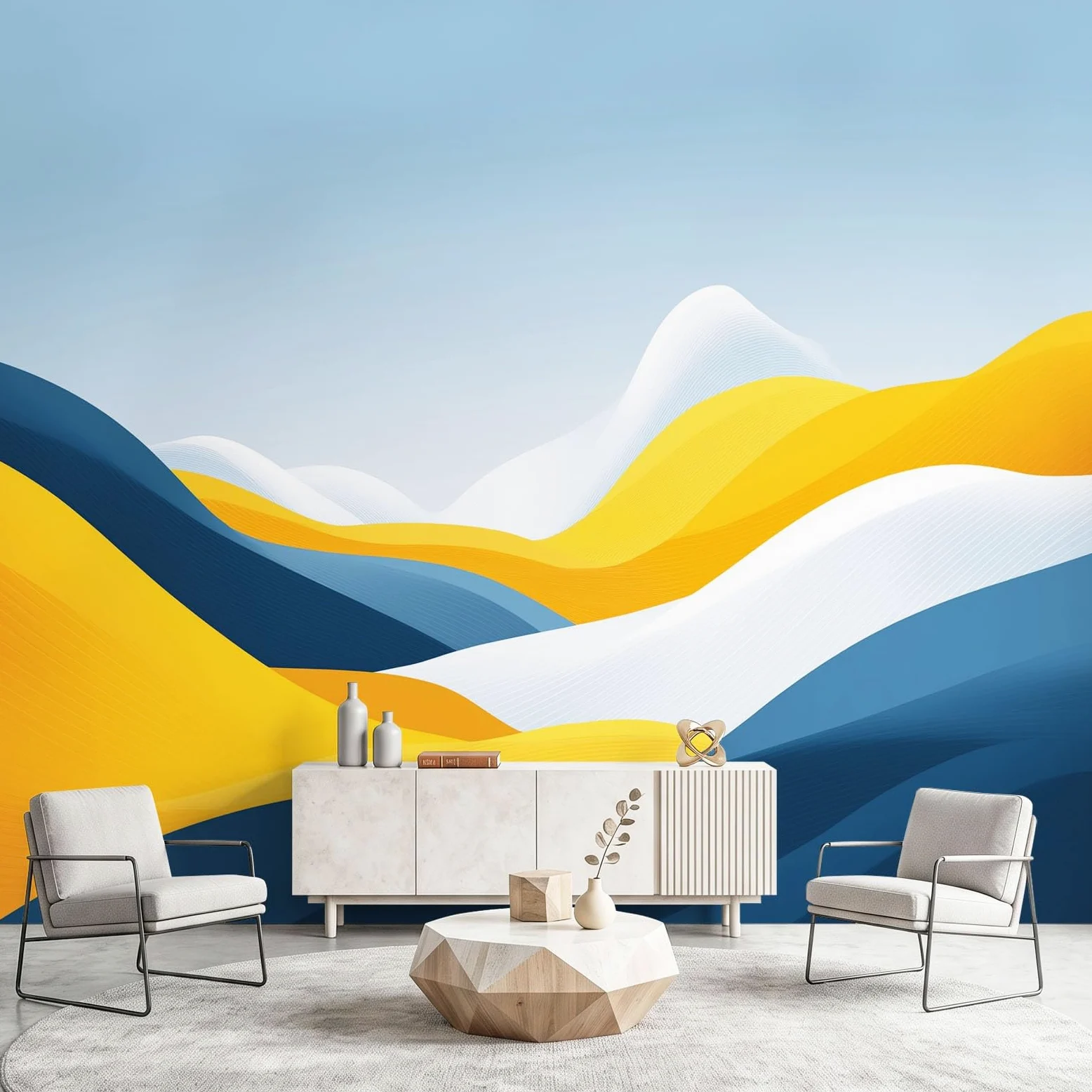 Nowoczesna geometryczna panoramiczna tapeta ścienna, 300 x 210 cm fototapeta z włókniny góry wzgórza, dekoracja ścienna salon pokój dziecięcy restauracja