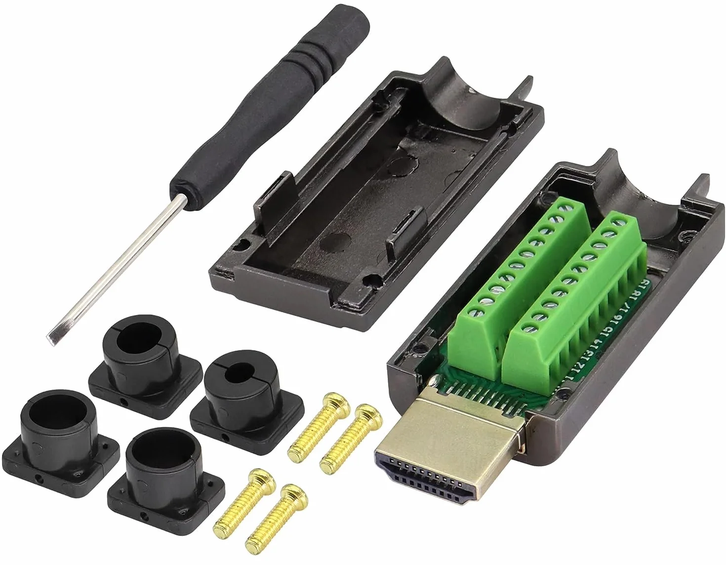 Adapter zacisku śrubowego bez lutowania HDMI, męski moduł bez lutowania, wtyczka puszka rozgałęźna HD, moduł sygnałowy z metalową obudową. (2 szt./męski)