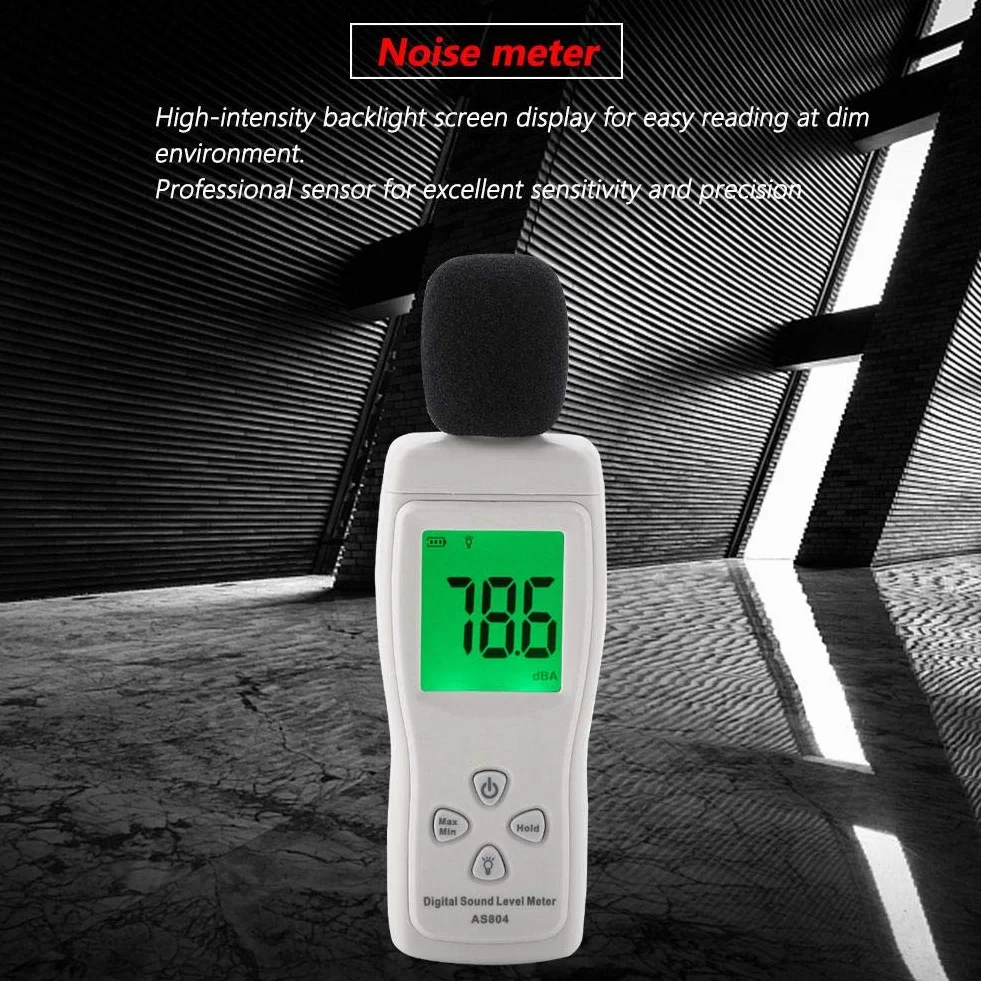 Walfront AS804 Precyzyjny cyfrowy tester poziomu dźwięku z czujnikiem szumów Zakres pomiaru hałasu 30-130 dBA Dokładność 1,5 dB