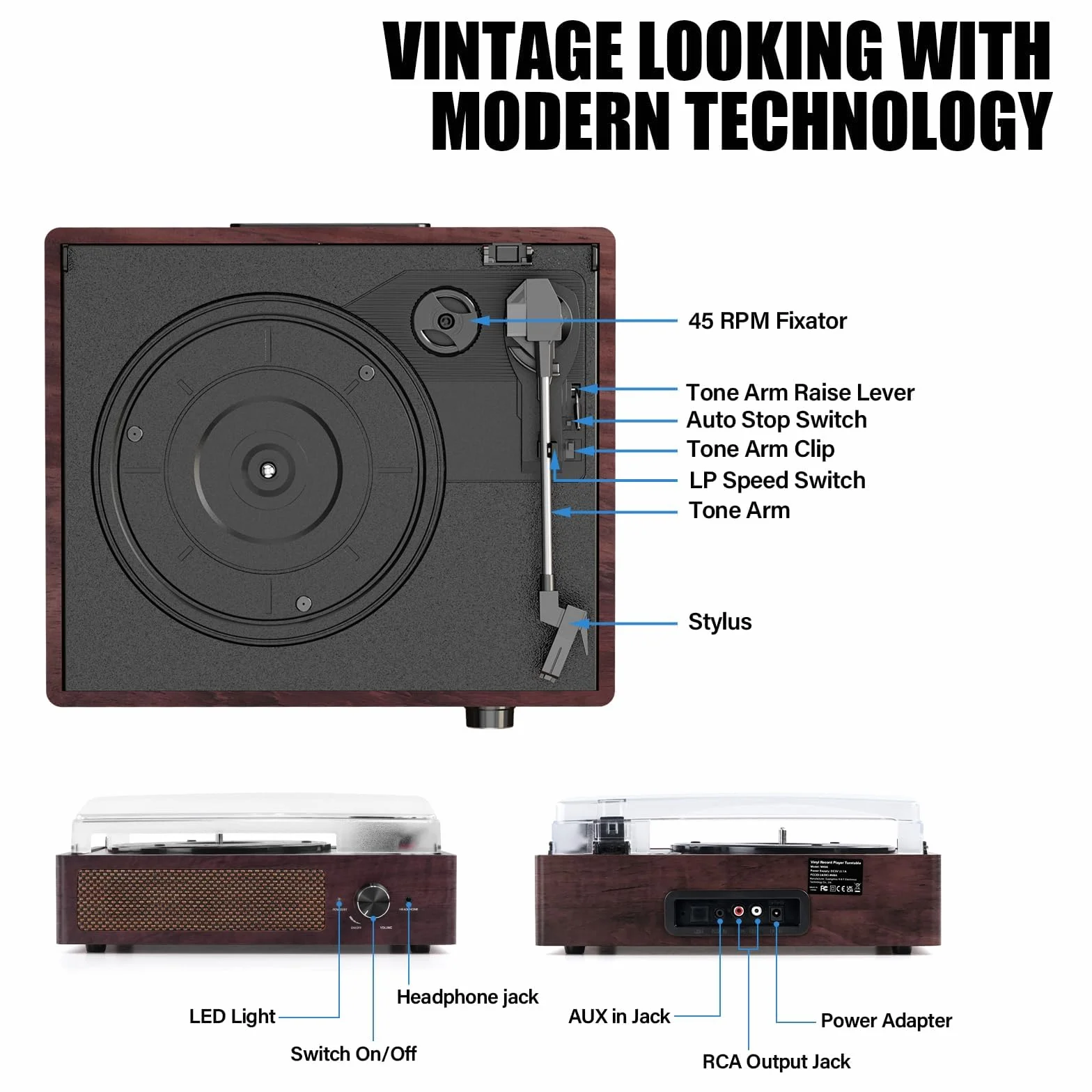 Przenośny gramofon Bluetooth Trzy Prędkość (33 1/3, 45 I 78 RP), Vintage Winyl Gramofon z wbudowanymi głośnikami Stereo, obsługuje wyjście RCA/gniazdo słuchawkowe Brązowy