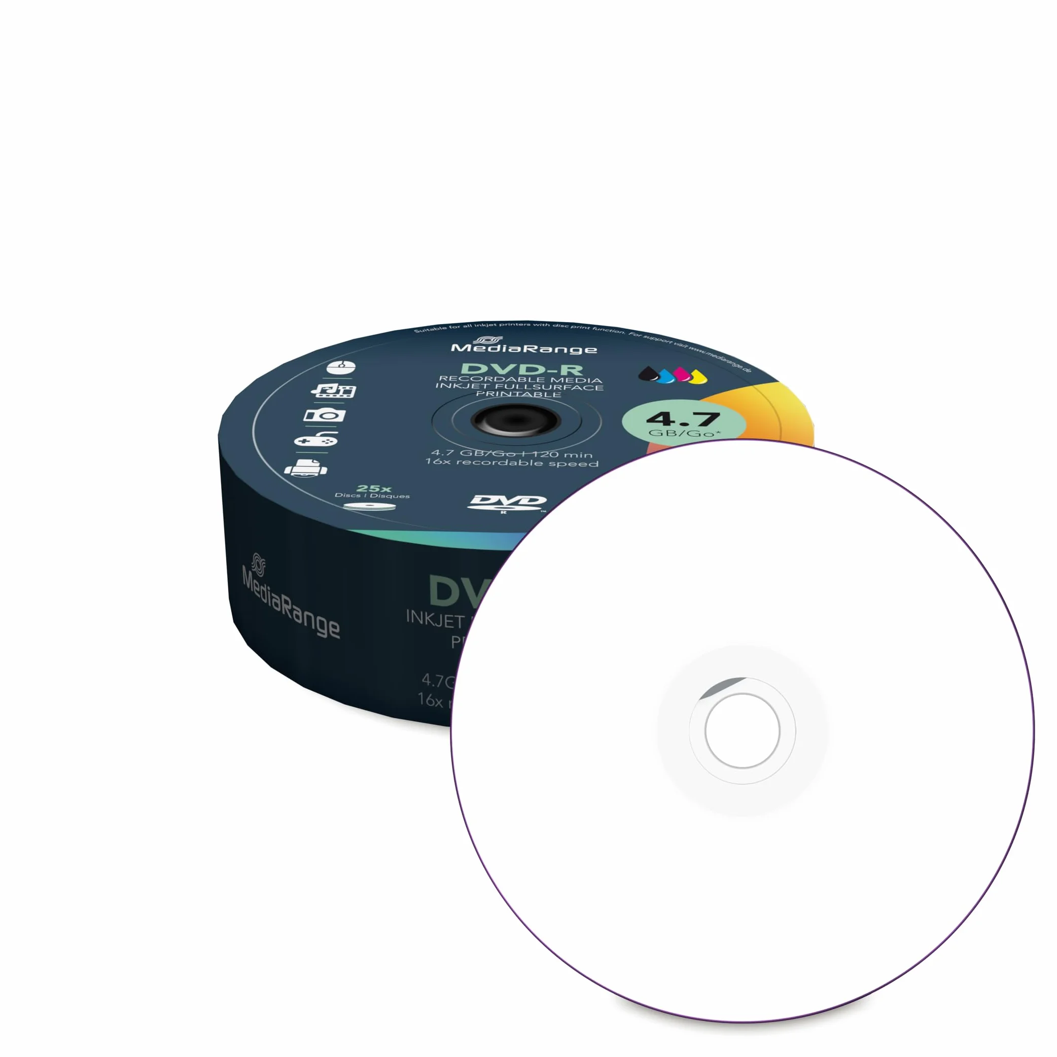 Mediarange MR407 Puste Nośniki DVD-R 4,7 GB 16x Speed, Wielokolorowy, 25 sztuk