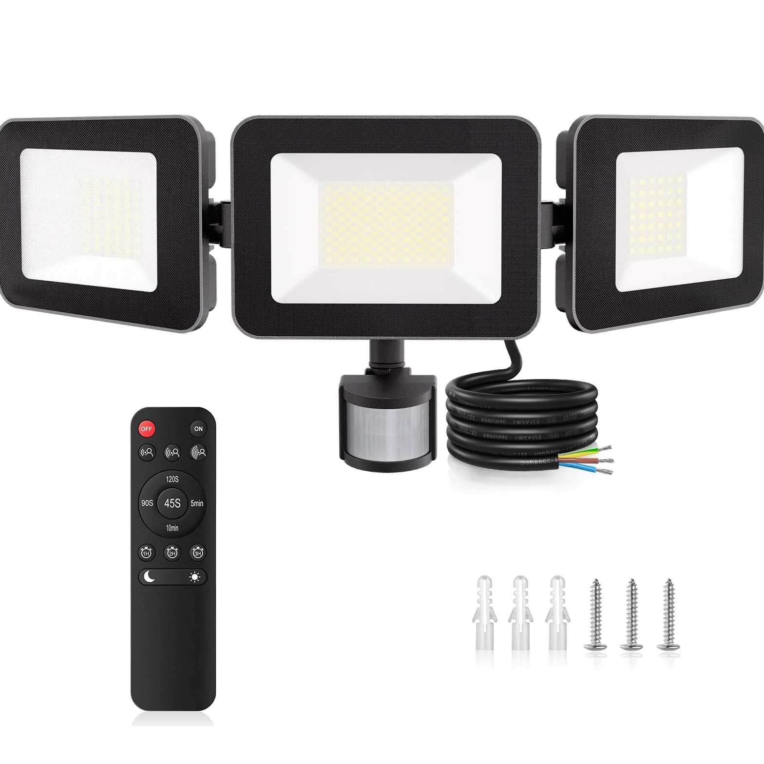 MEIHUA 100W LED Light Motion Sensor Remote Control 9600LM IP66 Waterproof 6500K 3-Head 270° Adjustable Outdoor Floodlight