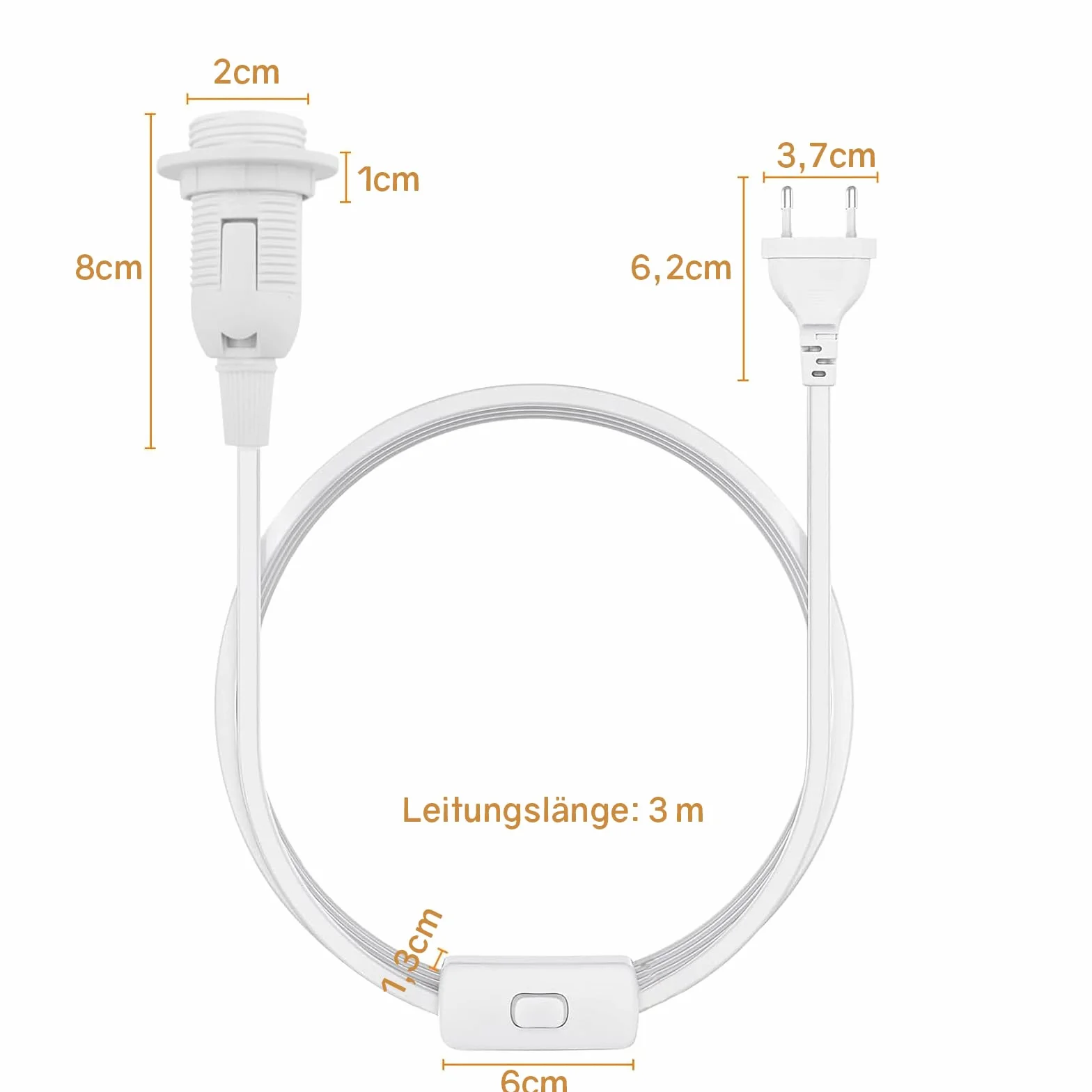 VIEVRE 3,0 m oprawka lampy E14 z kablem, oprawka lampy z przełącznikiem, oprawka E14 z wtyczką maks. 60 W 250 V do zawieszenia lamp, lamp DIY, lampa sufitowa, biała
