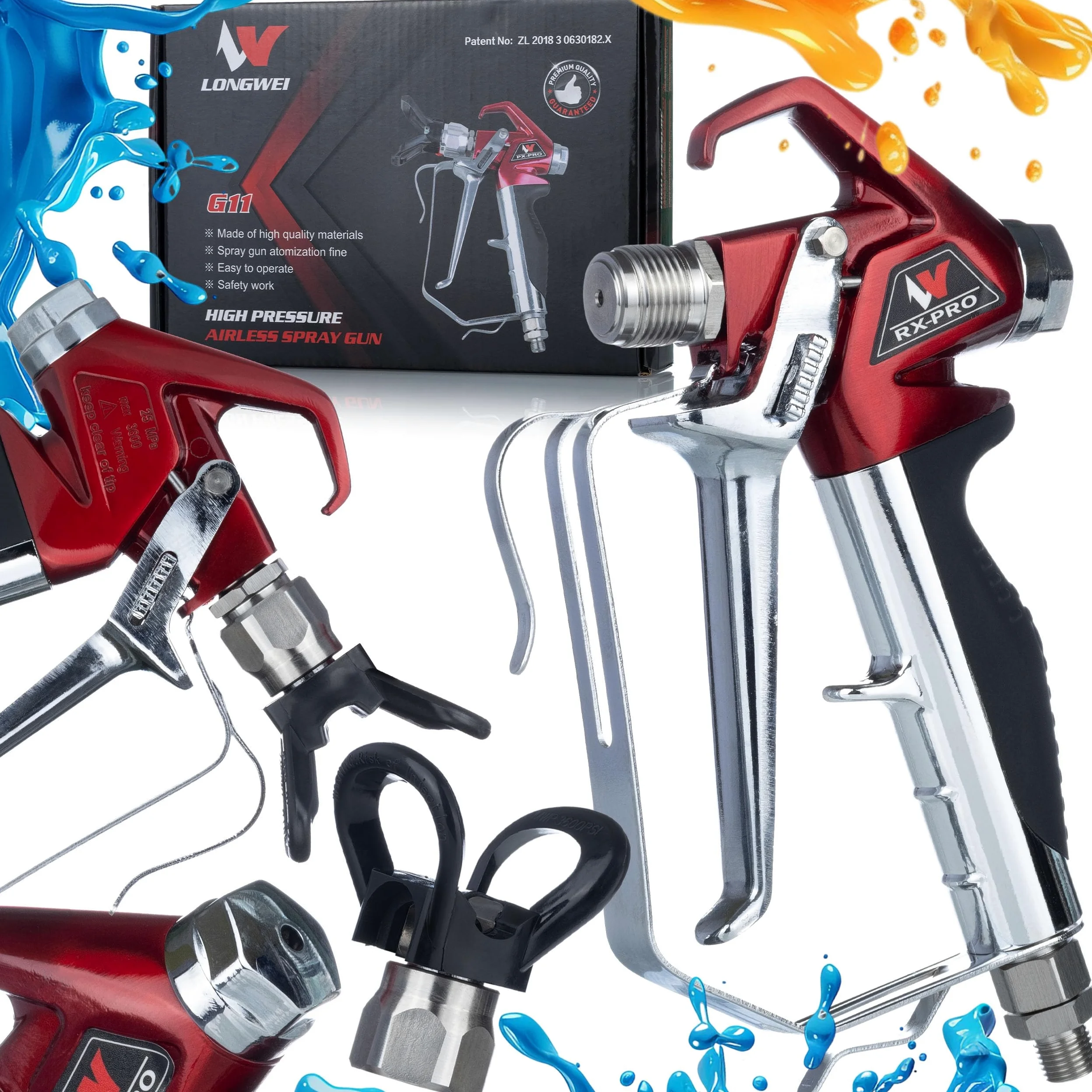 Pistolet natryskowy RX-PRO z zestawem zabezpieczającym dyszę ze stali nierdzewnej – 248 bar, przyłącze 1/4 cala, wbudowany filtr, ergonomiczny uchwyt | do urządzeń natryskowych Airless Rosfix i