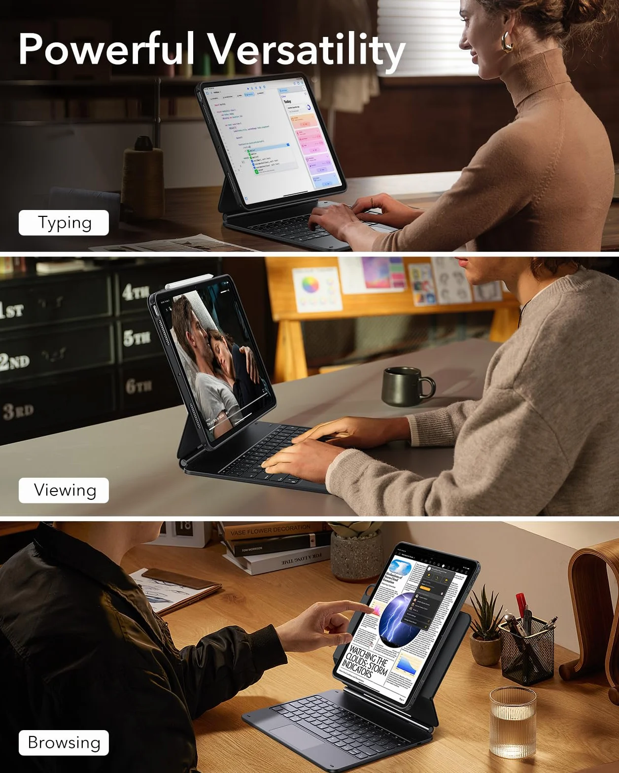 ESR iPad Air 13" (M3/M2, 2025/2024) etui na klawiaturę z regulowanym stojakiem magnetycznym, tryb wysoki/podwyższony, zdejmowane etui ochronne, seria Rebound 360, czarne